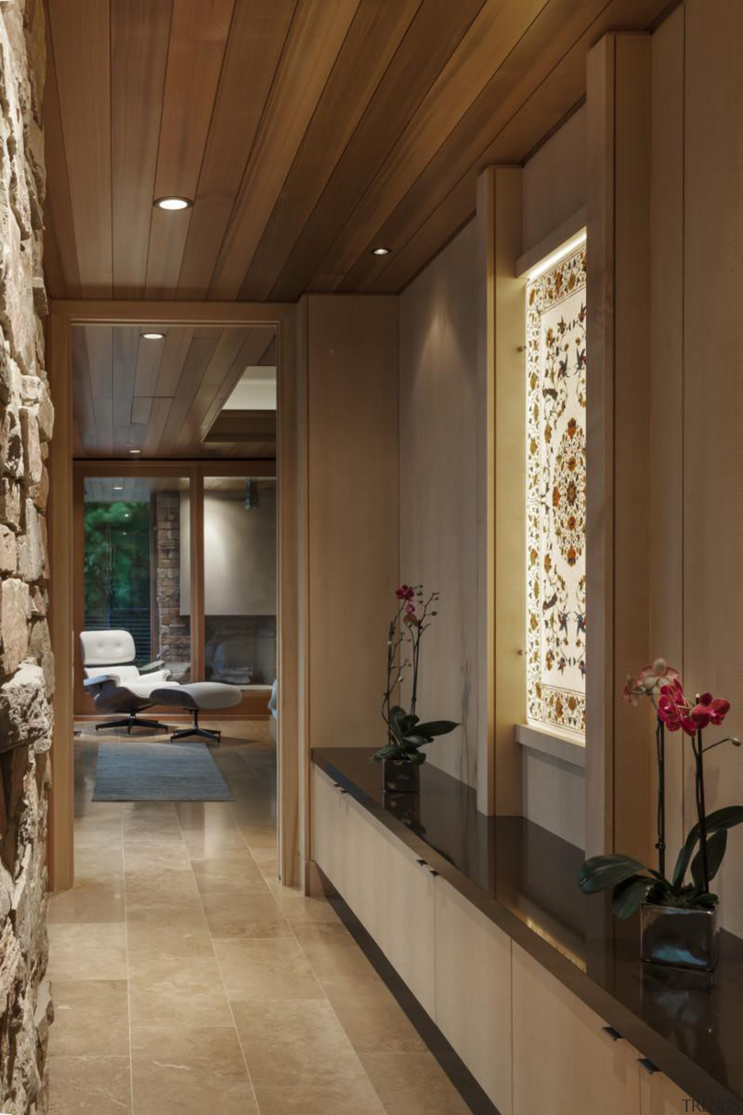 This new house, designed by Charles R Stinson cabinetry, ceiling, floor, flooring, interior design, lobby, brown