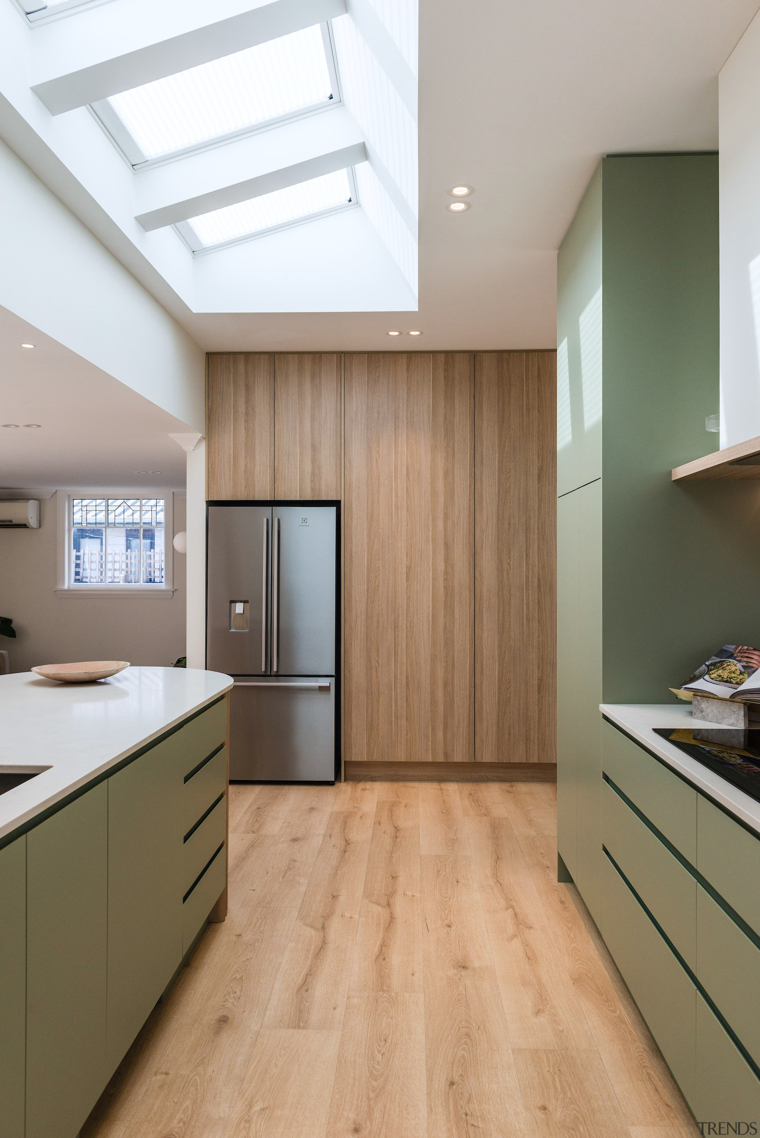 Skylights throw natural task lighting on the kitchen 