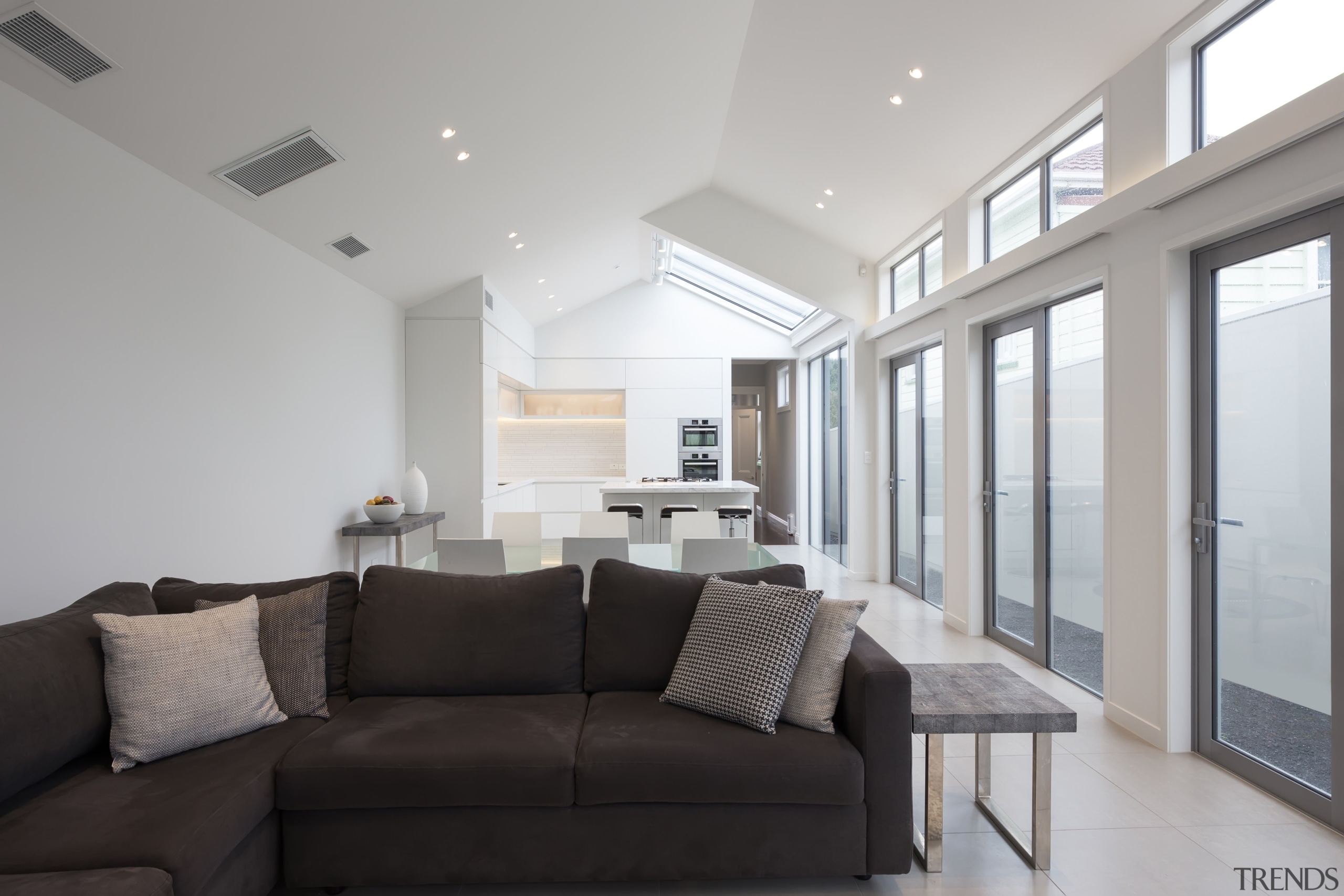 The long view  this kitchen looks good ceiling, daylighting, floor, home, house, interior design, living room, property, real estate, room, window, gray