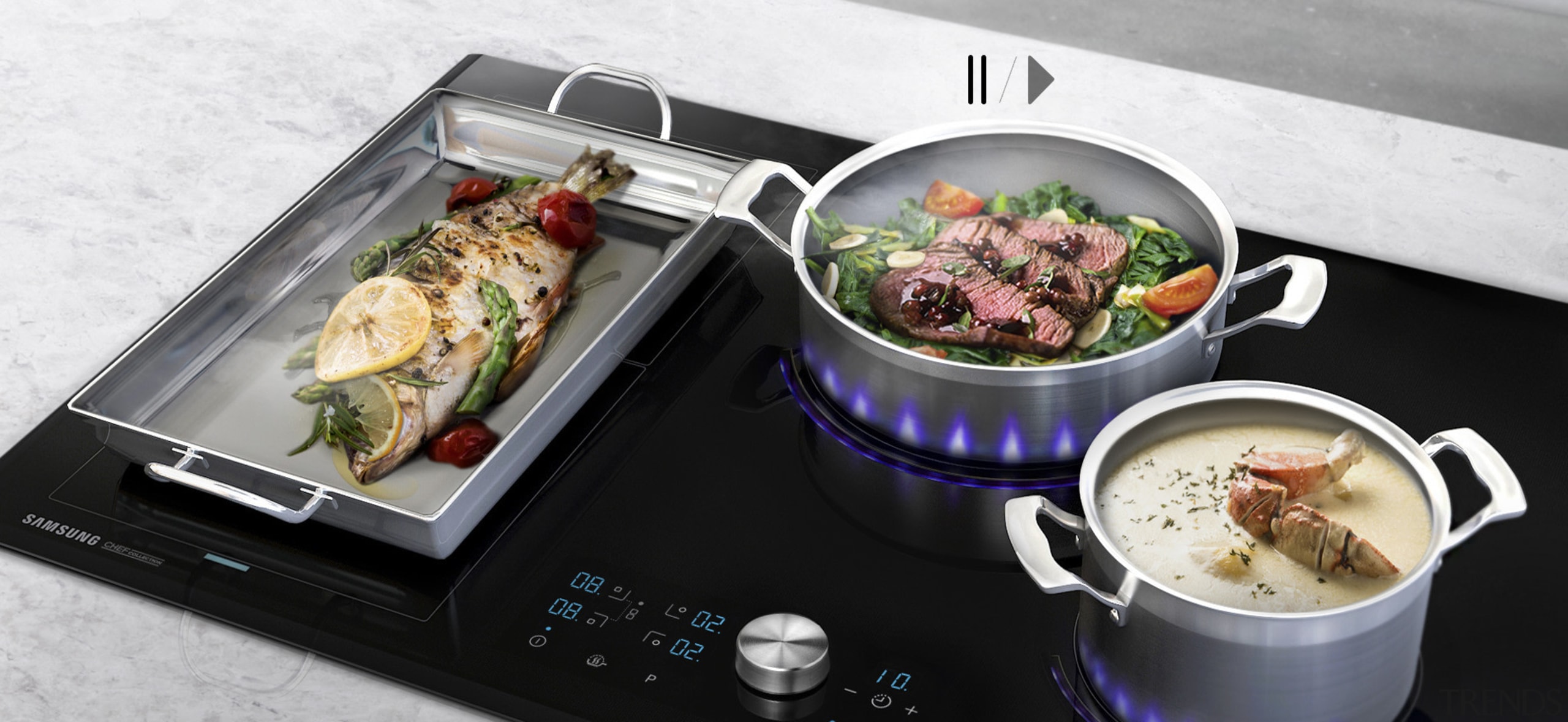 Samsung's Innovative Virtual Flame Technology provides perfect cooking cookware and bakeware, cuisine, dish, food, lunch, meal, white, black