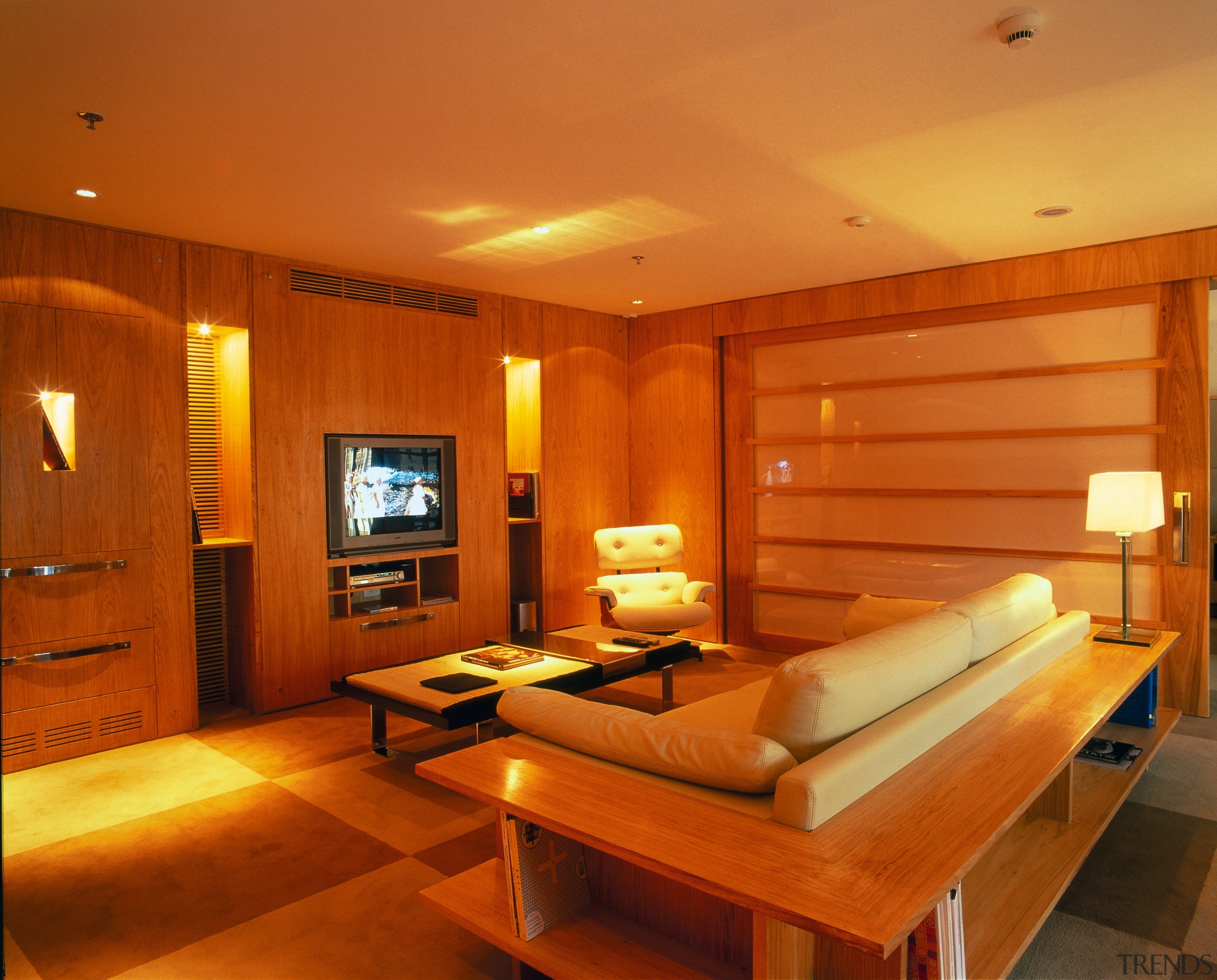 View of the lounge - View of the ceiling, flooring, interior design, lighting, living room, room, suite, wall, wood, wood flooring, brown