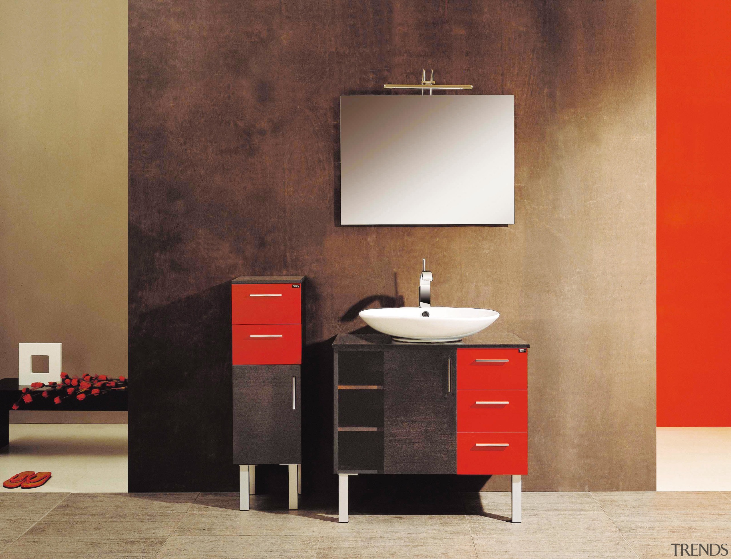view of this kidney shaped island finished in bathroom, bathroom accessory, bathroom cabinet, chest of drawers, drawer, floor, furniture, interior design, product, product design, sink, wall, brown