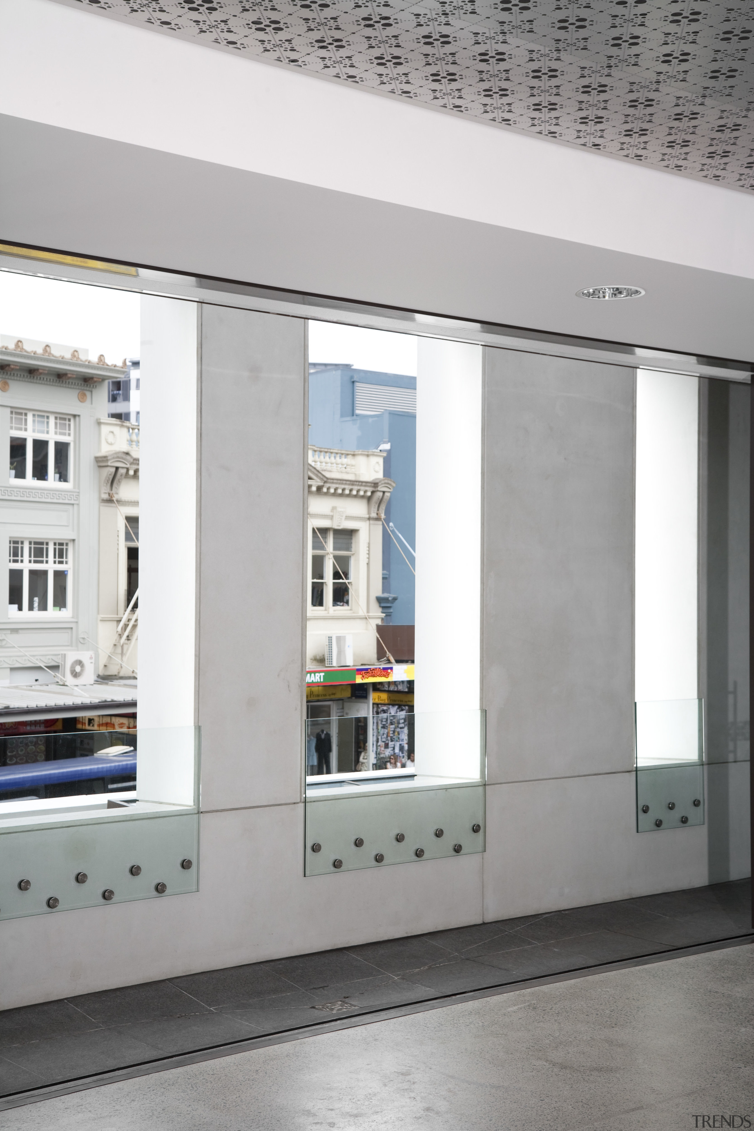 view of the glass fibre-reinforced concrete cladding manufactured door, facade, window, white, gray