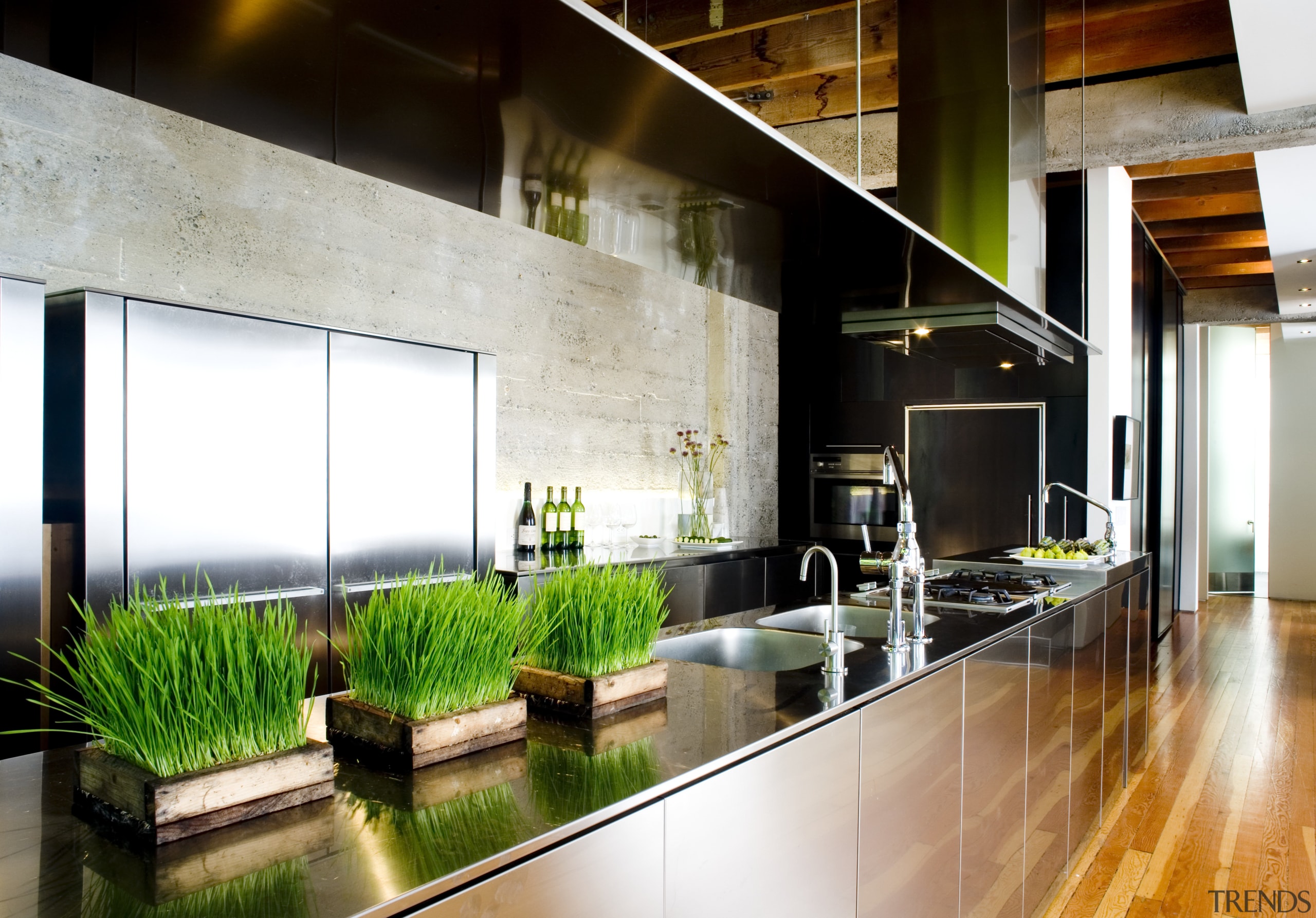 View of a kitchen which features stainless steel interior design, lobby, white