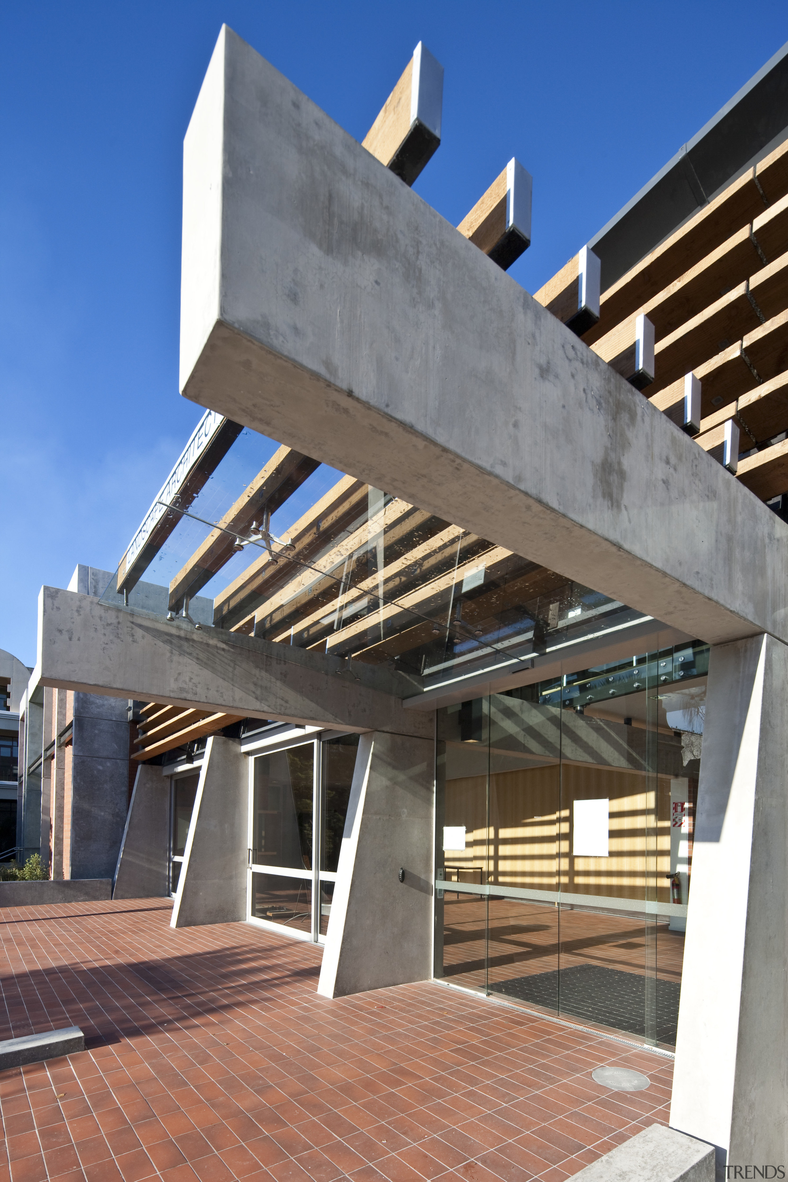 Close-up view of the entrance way - Close-up architecture, brutalist architecture, building, commercial building, daylighting, facade, structure