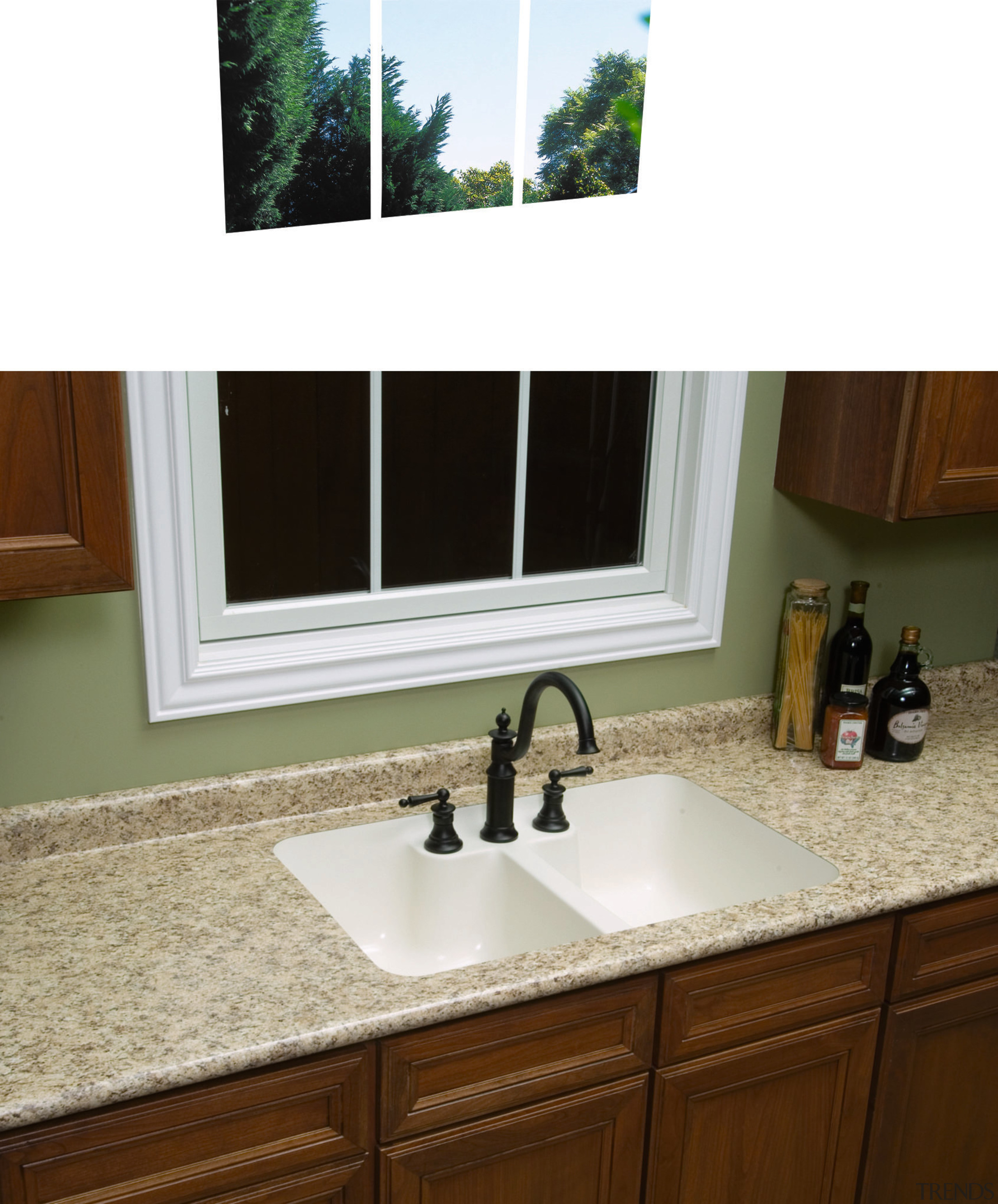 A view of this kitchen featuring granite benchtops bathroom accessory, bathroom cabinet, cabinetry, countertop, glass, sink, window, white, brown