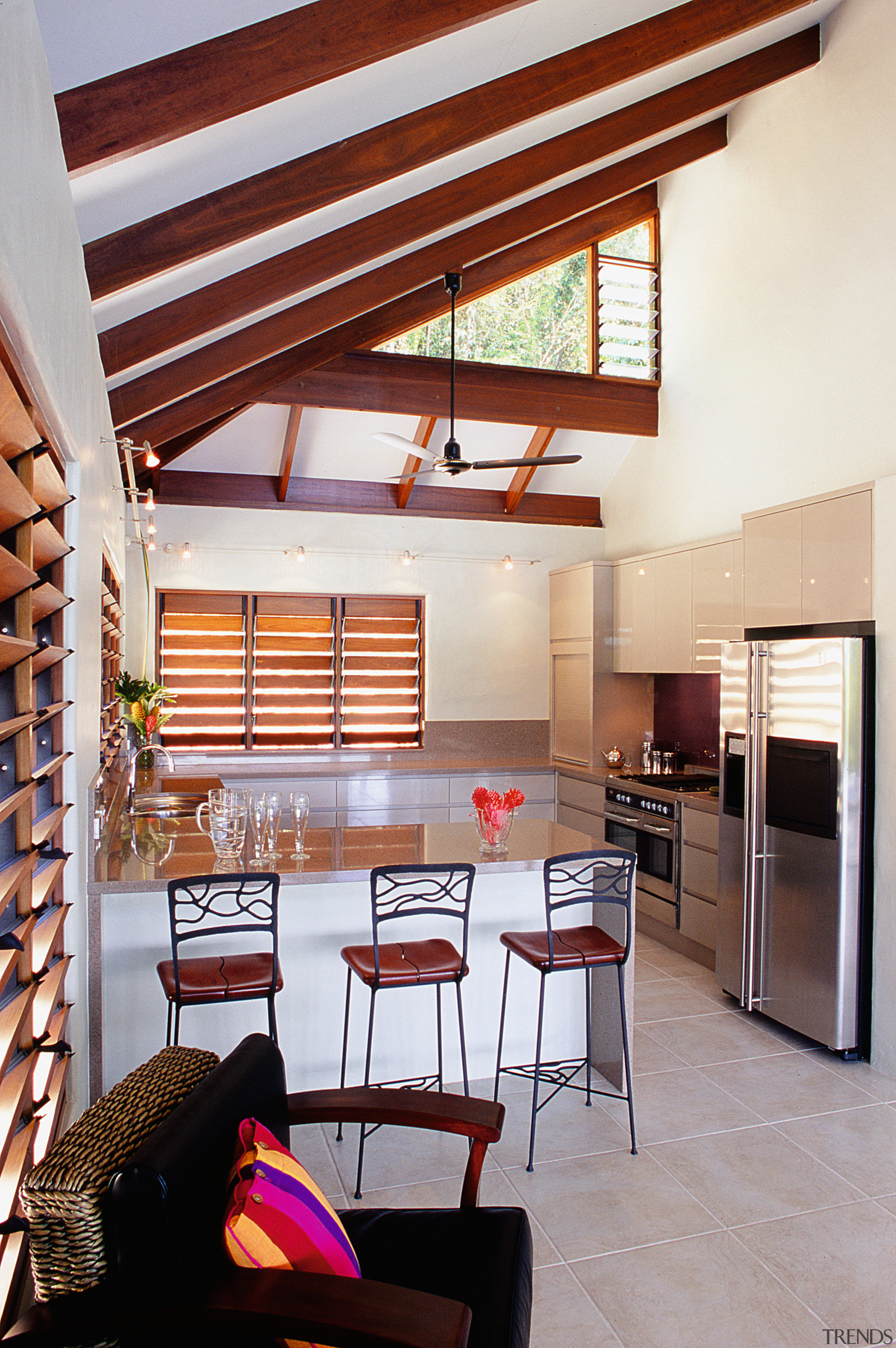 Kitchen area with high ceiling and timber rafters, architecture, ceiling, daylighting, house, interior design, living room, loft, real estate, gray