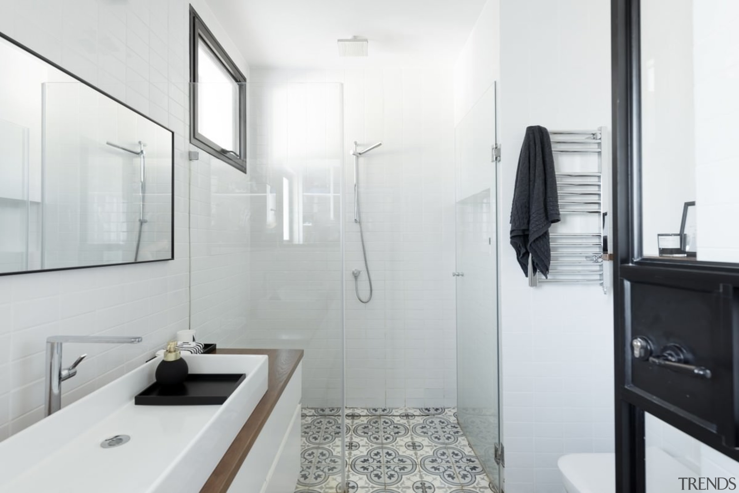 This bathroom manages to pack in all the bathroom, bathroom accessory, home, interior design, product design, property, real estate, room, sink, white