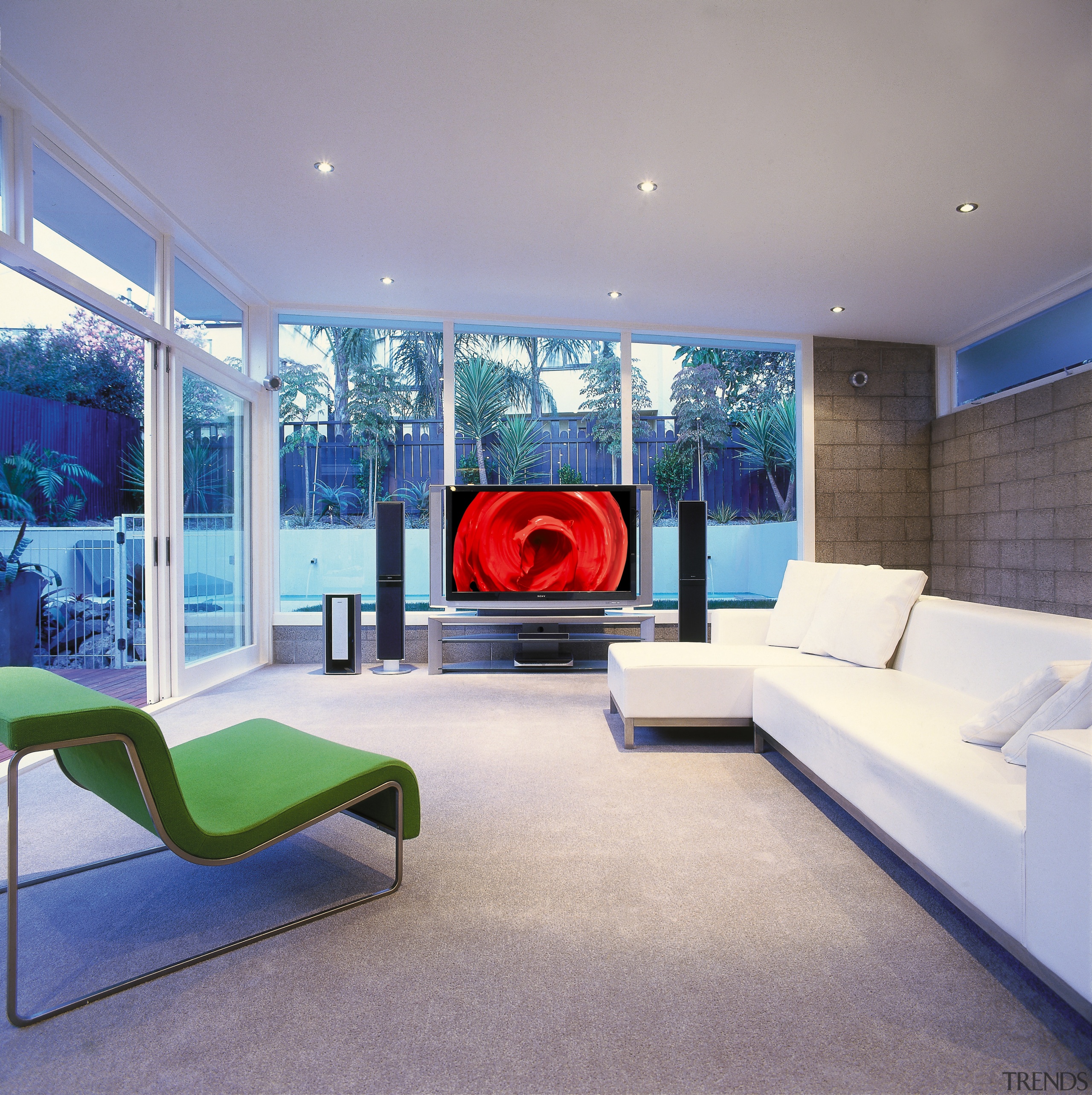 A view of a home entertainment system from architecture, ceiling, home, house, interior design, living room, real estate, wall, window, gray