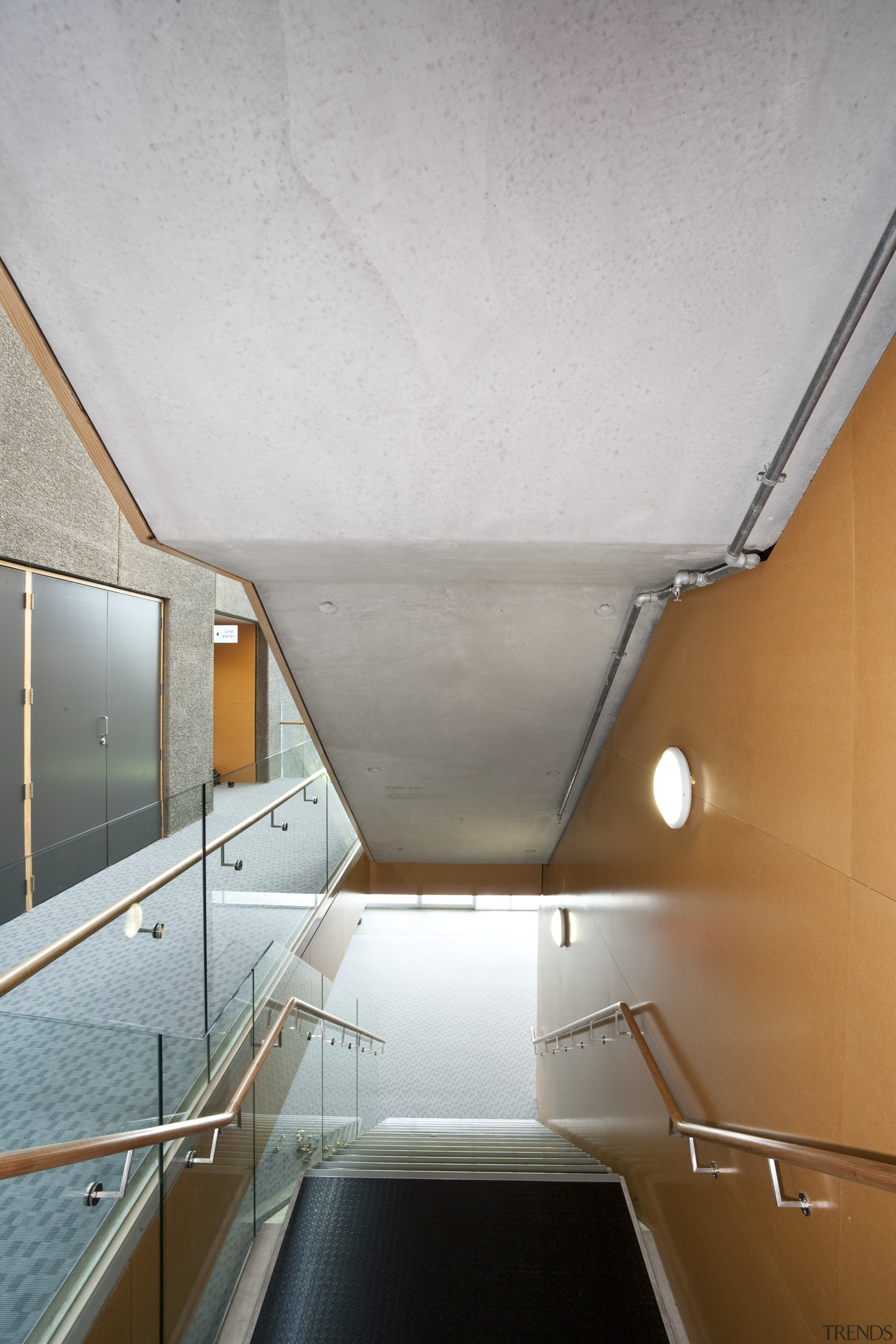 View of a stairway inside the St Kents' architecture, ceiling, daylighting, glass, house, interior design, lighting, line, wood, gray