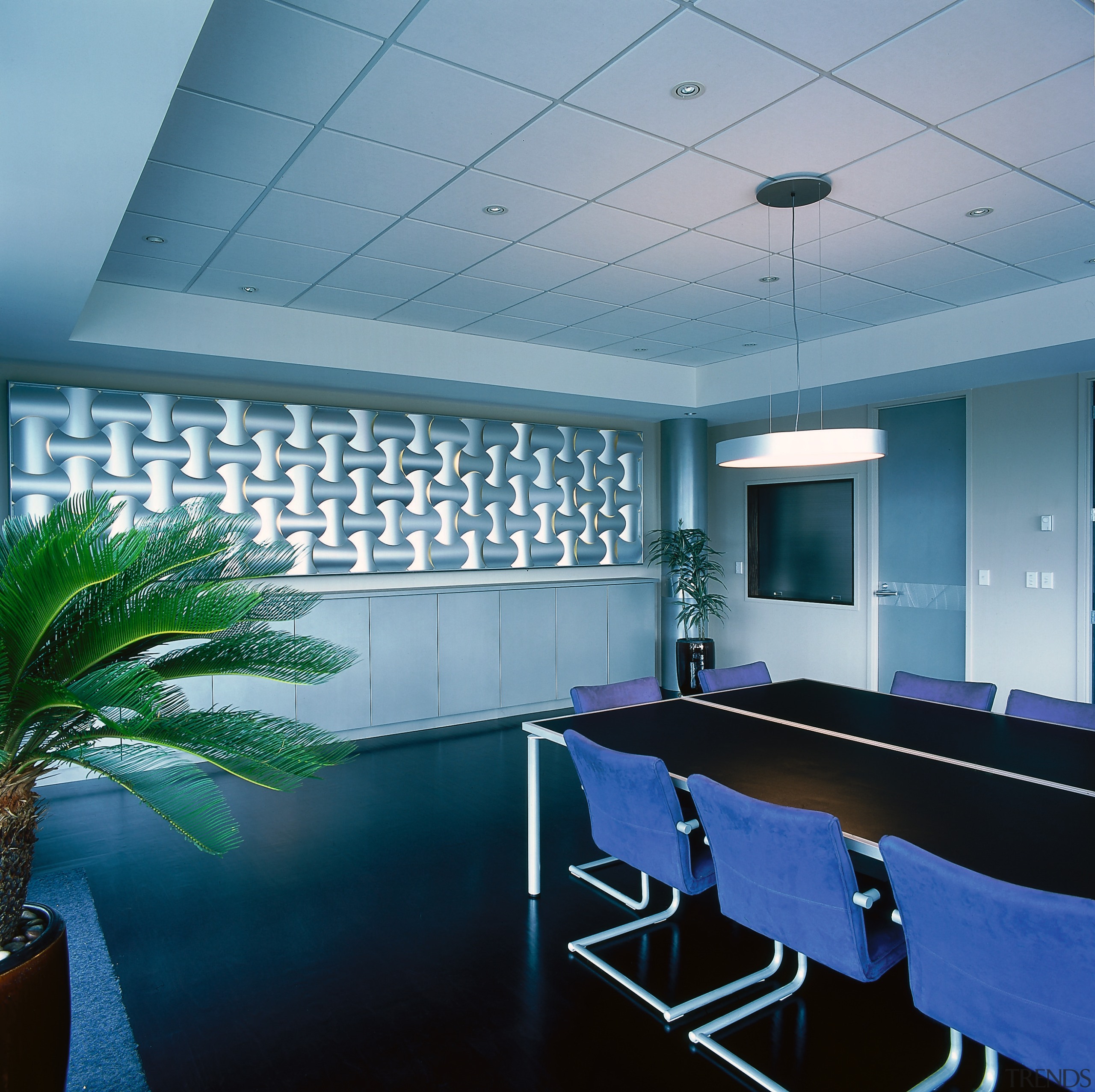 Office boardroom with long black table, blue chairs, architecture, ceiling, conference hall, daylighting, interior design, lighting, office, teal