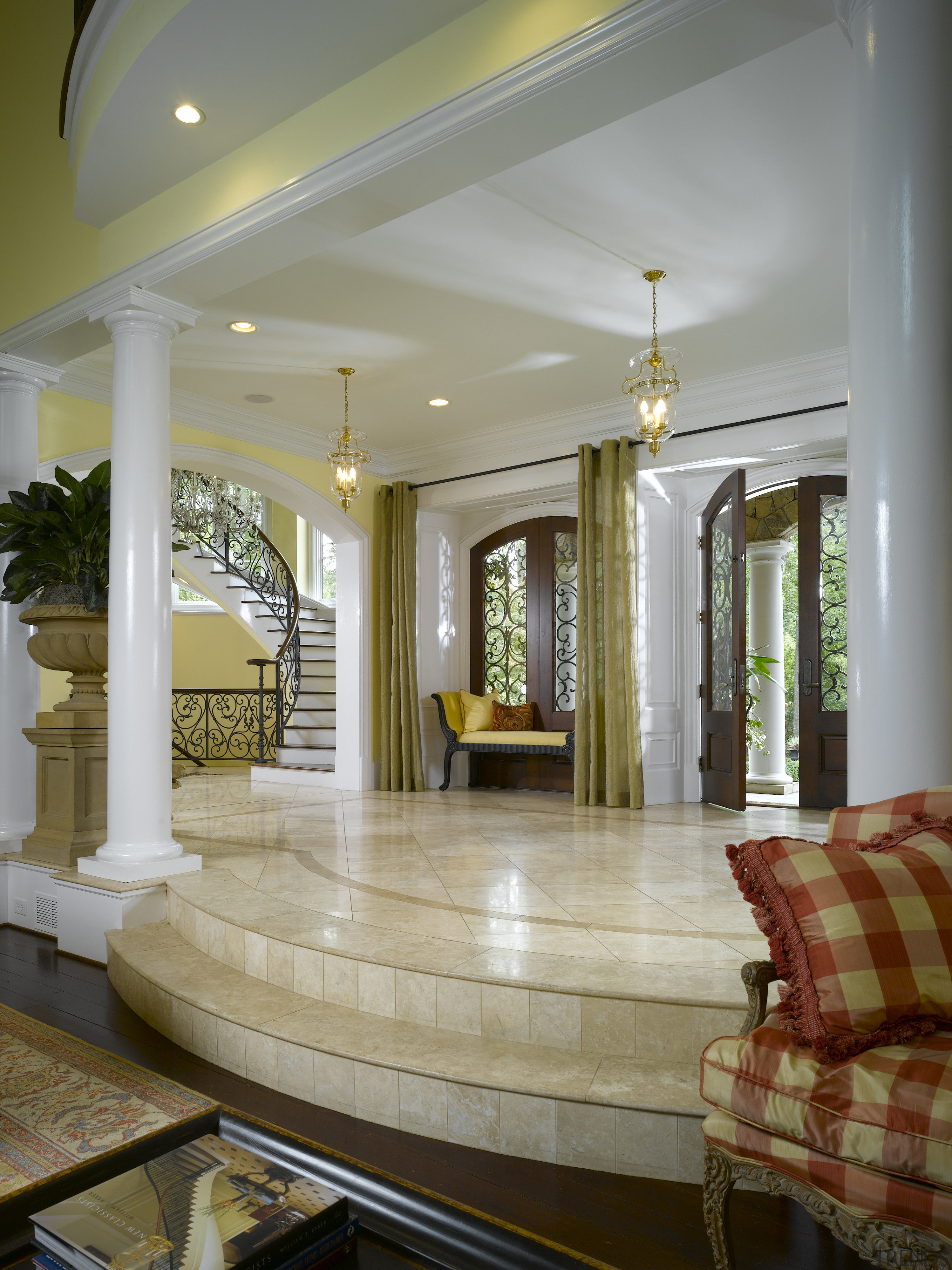 View of entrance, marble floor, wrought iron handrail, ceiling, column, daylighting, estate, floor, flooring, hardwood, home, interior design, living room, lobby, real estate, structure, window, wood flooring, gray, brown