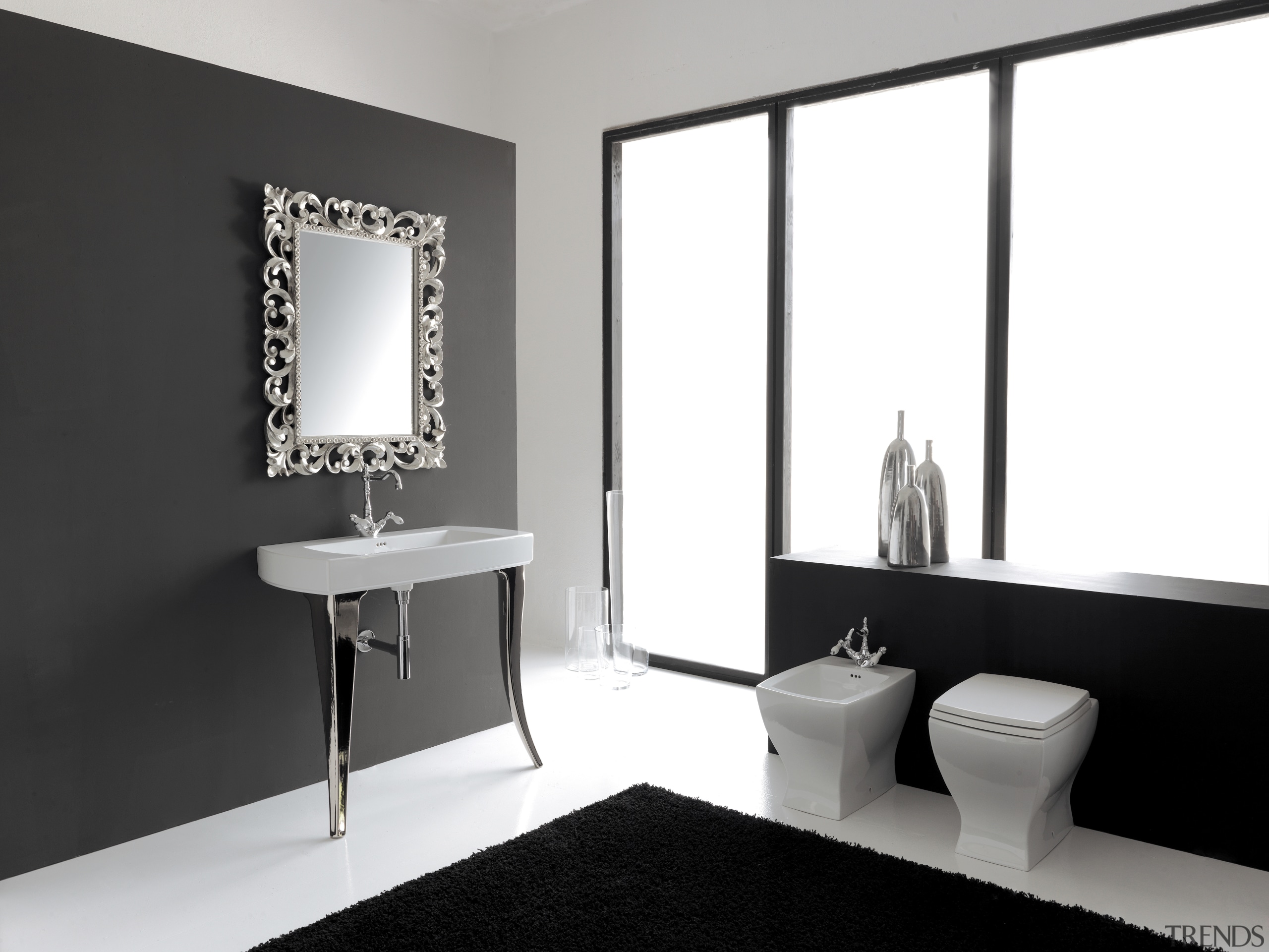 contemporary minimalist bathroom featuring vanity, mirror, toilet, bidet. bathroom, bathroom accessory, bathroom cabinet, interior design, plumbing fixture, product design, room, sink, tap, white, black