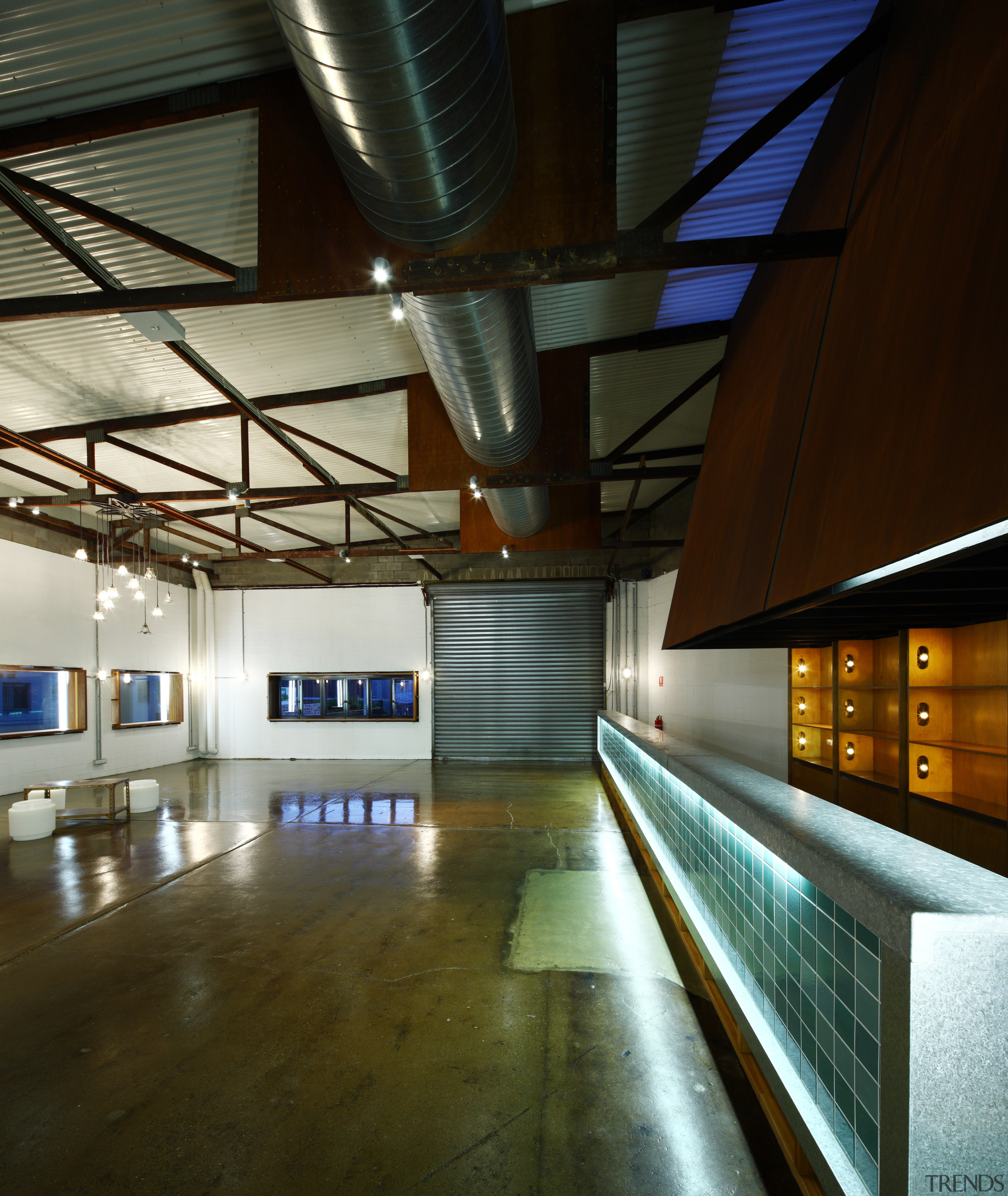 View of the bar on the lower level architecture, ceiling, daylighting, interior design, lobby, metropolitan area, tourist attraction, brown, black