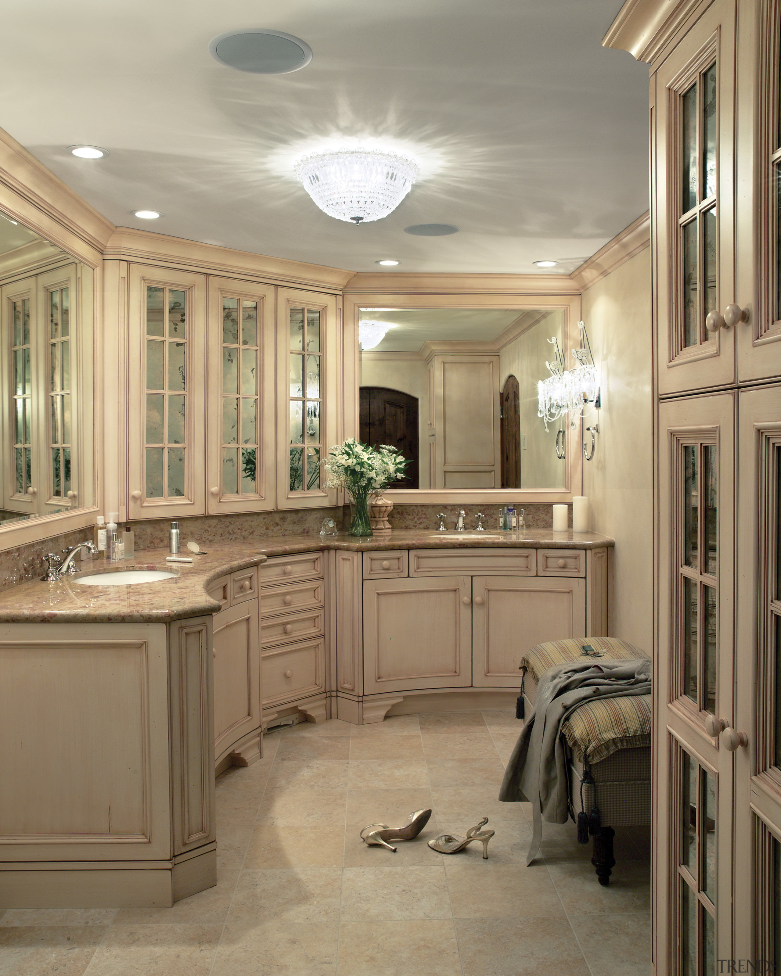 View of bathroom designed by NKBA designers including bathroom, cabinetry, ceiling, countertop, cuisine classique, estate, floor, flooring, home, interior design, kitchen, room, window, brown, orange