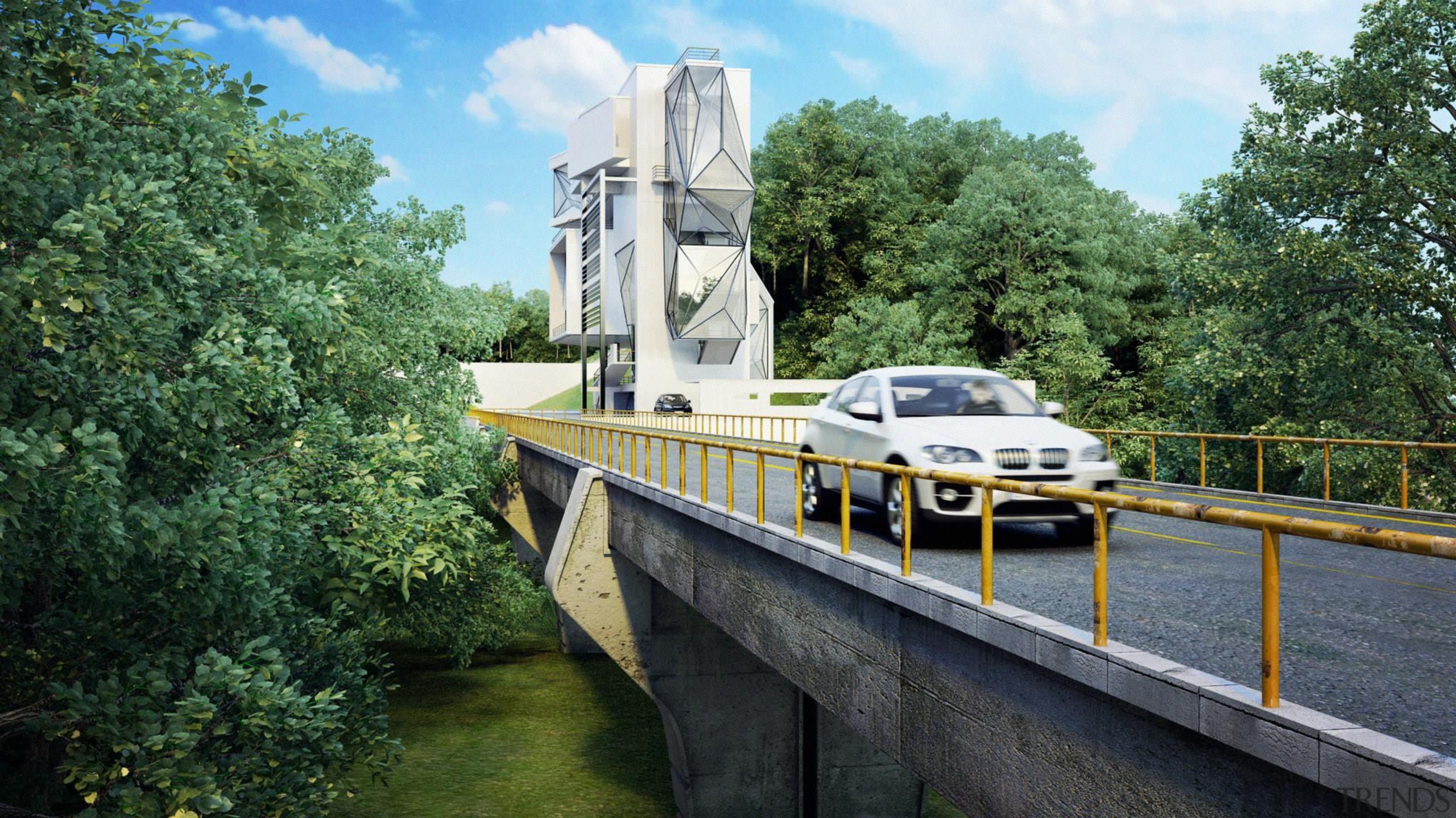 This home was designed for a retired pilot bridge, river, tree, waterway, green