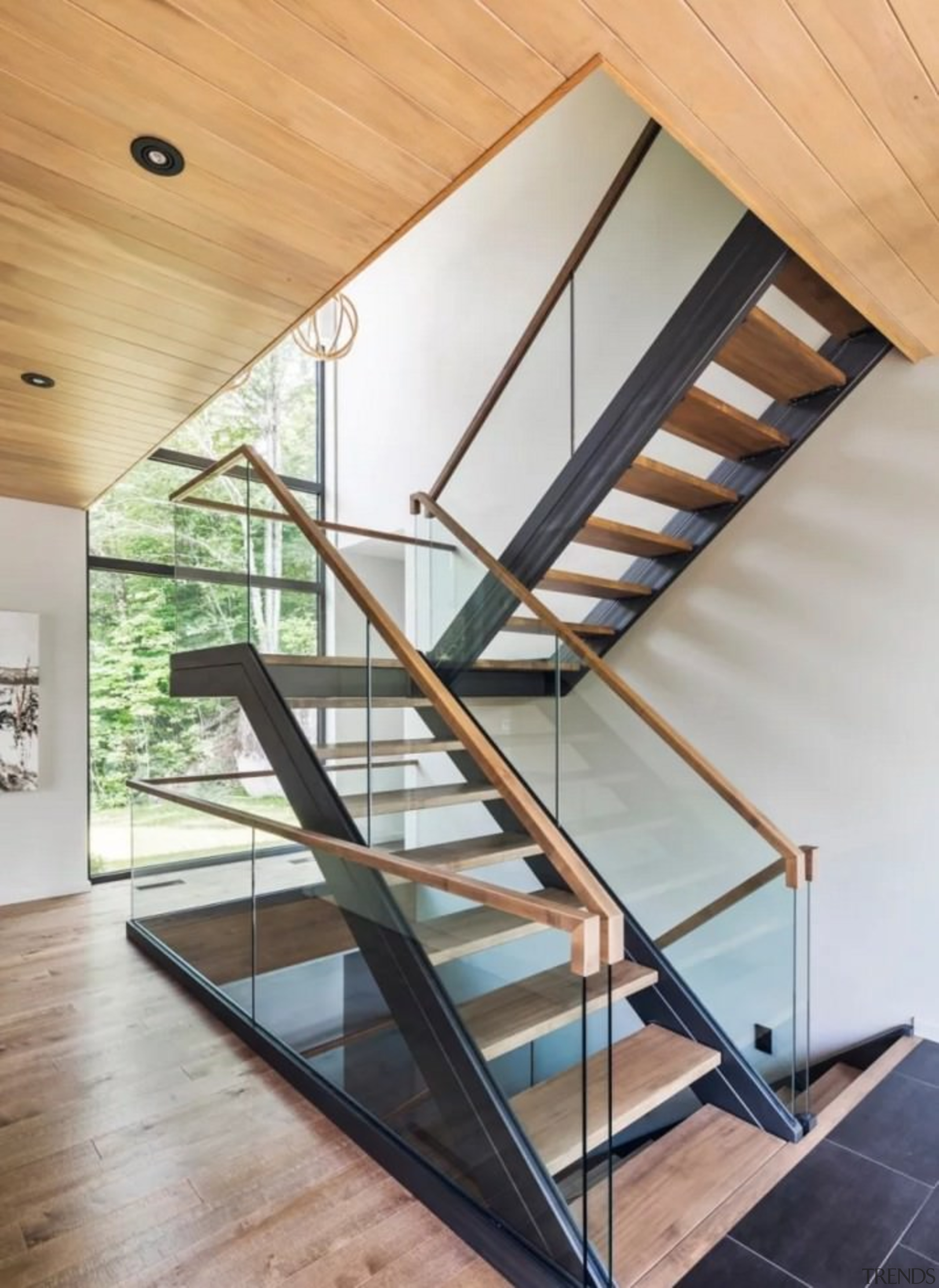 See the home architecture, daylighting, glass, handrail, house, interior design, stairs, structure, wood, gray