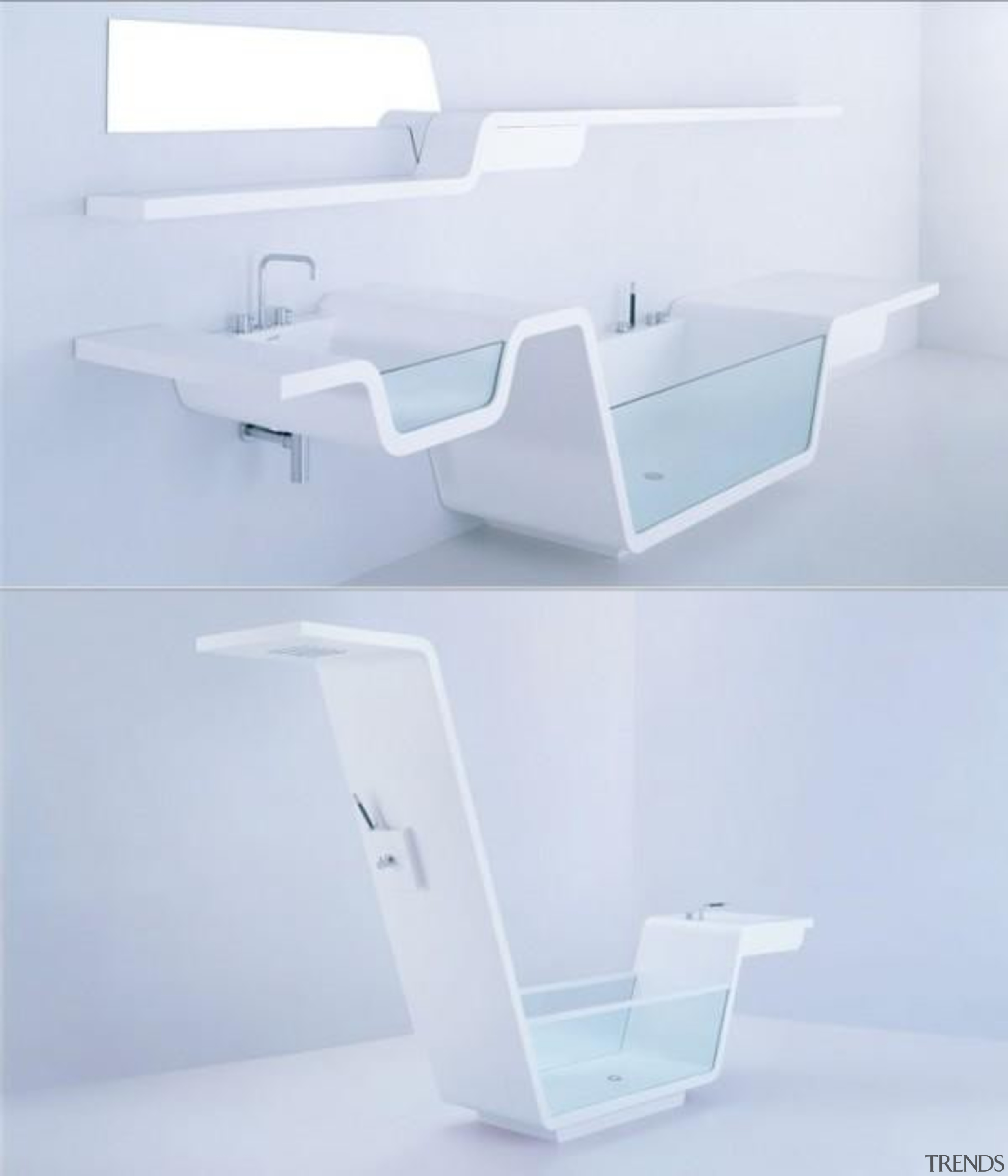 Continuous lines create these unique bathroom wonders, where angle, furniture, product, product design, shelf, tap, white