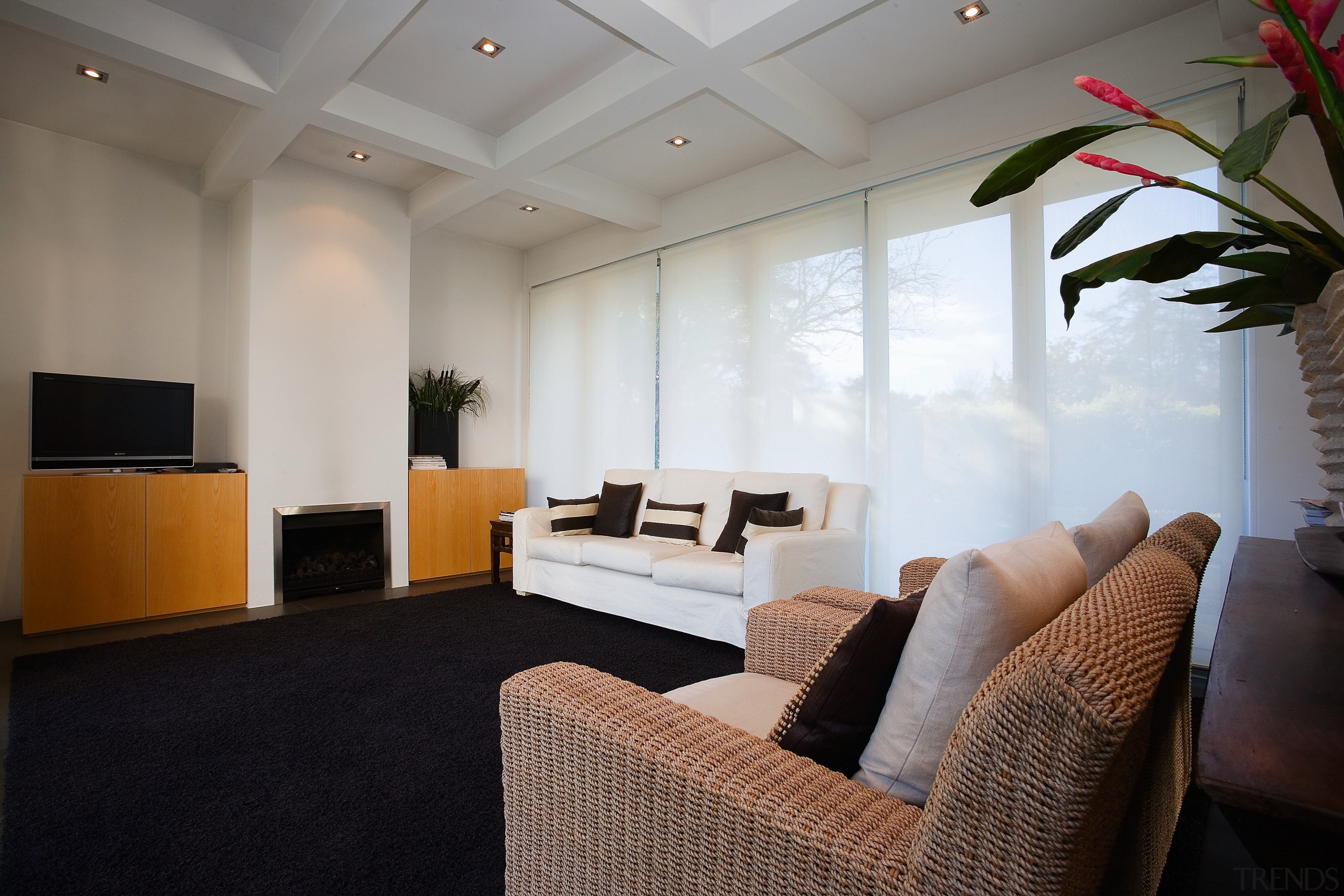 A view of some window shades from Window ceiling, floor, interior design, living room, lobby, real estate, room, gray, black