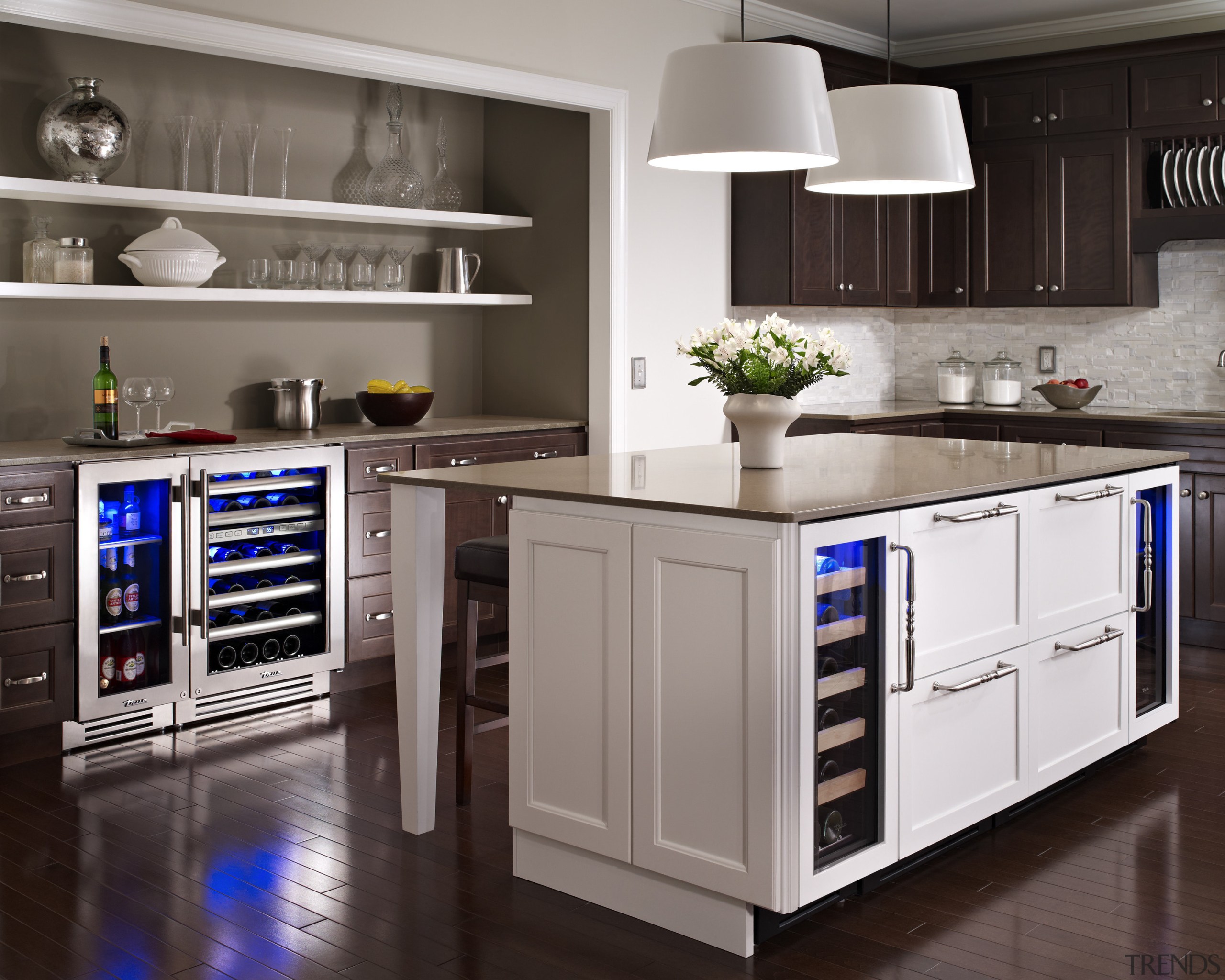 Wine refrigerator from the True Professional Series, a cabinetry, countertop, cuisine classique, home appliance, interior design, kitchen, kitchen appliance, kitchen stove, major appliance, microwave oven, oven, refrigerator, room, small appliance, gray, black
