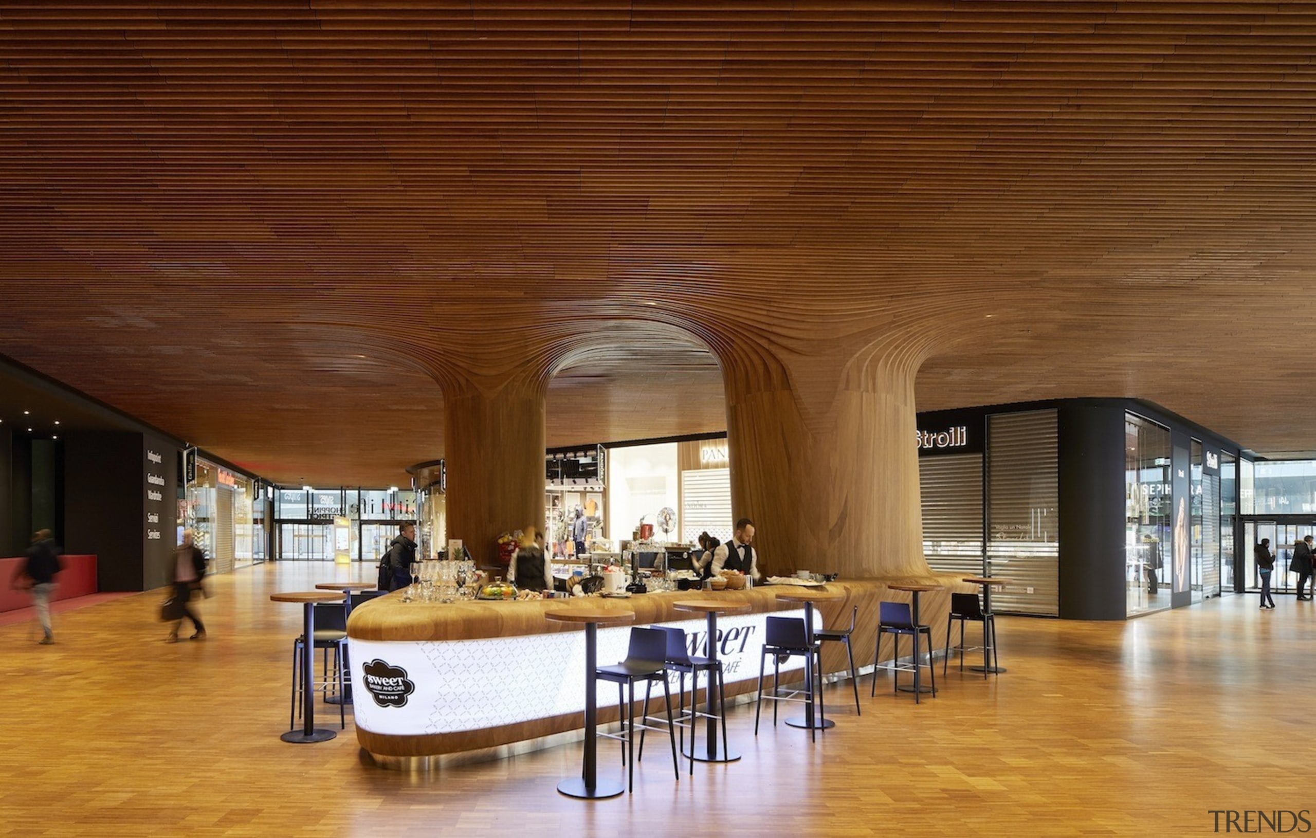 This bar area is almost subterranean - This architecture, ceiling, flooring, function hall, interior design, lobby, brown