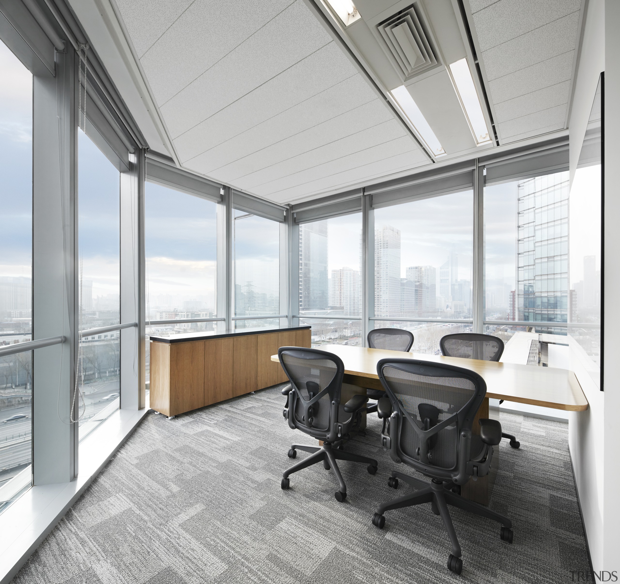 Glass walls on most perimeter offices maximise the 
