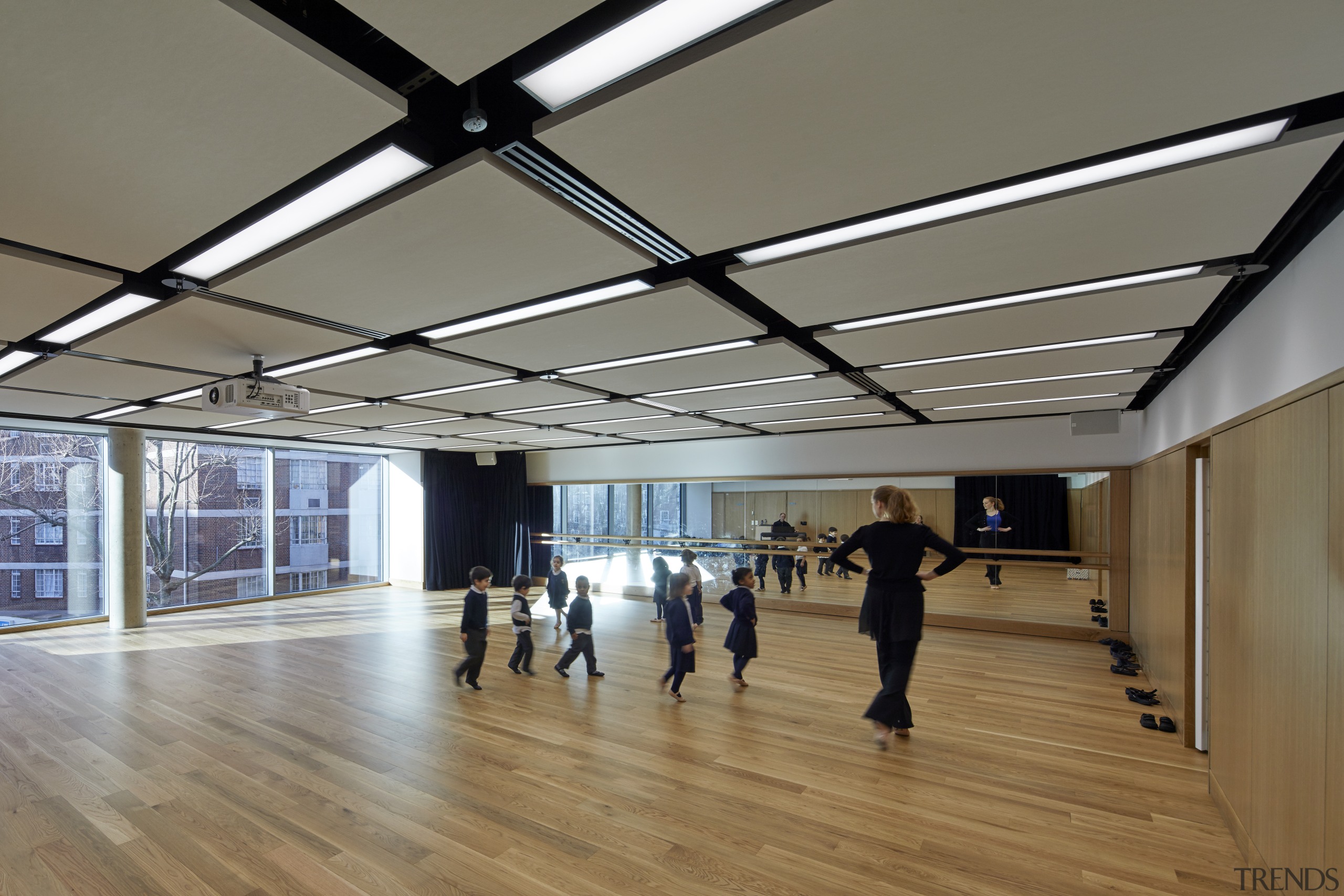 A dance studio on the second floor of ceiling, daylighting, floor, flooring, structure, tourist attraction, gray, brown