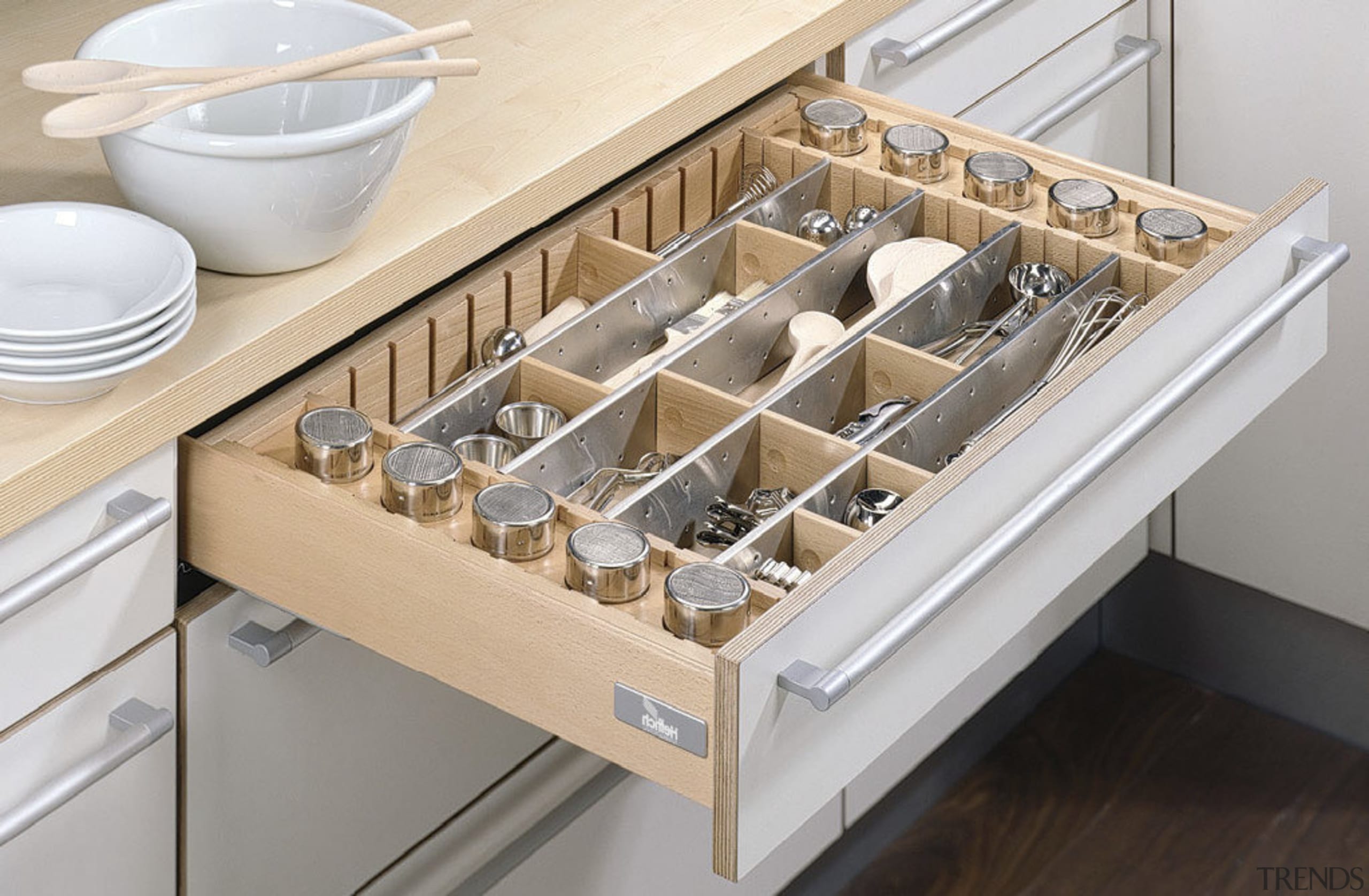 View of kitchen cabinetry with Hettich hardware and countertop, drawer, furniture, kitchen, product design, sink, gray