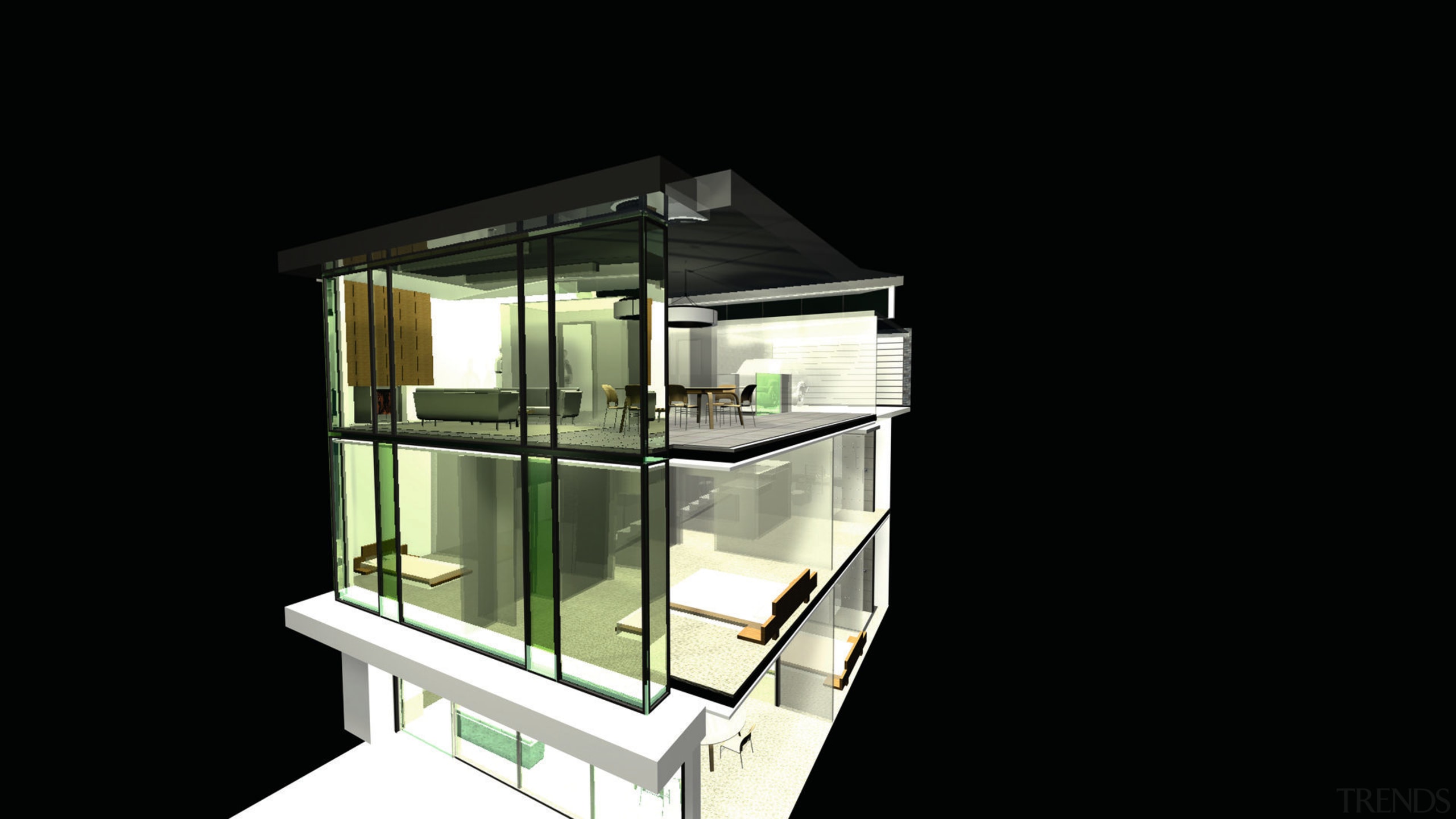 Cutaway diagram of three level apartment. - Cutaway architecture, daylighting, glass, house, product design, black