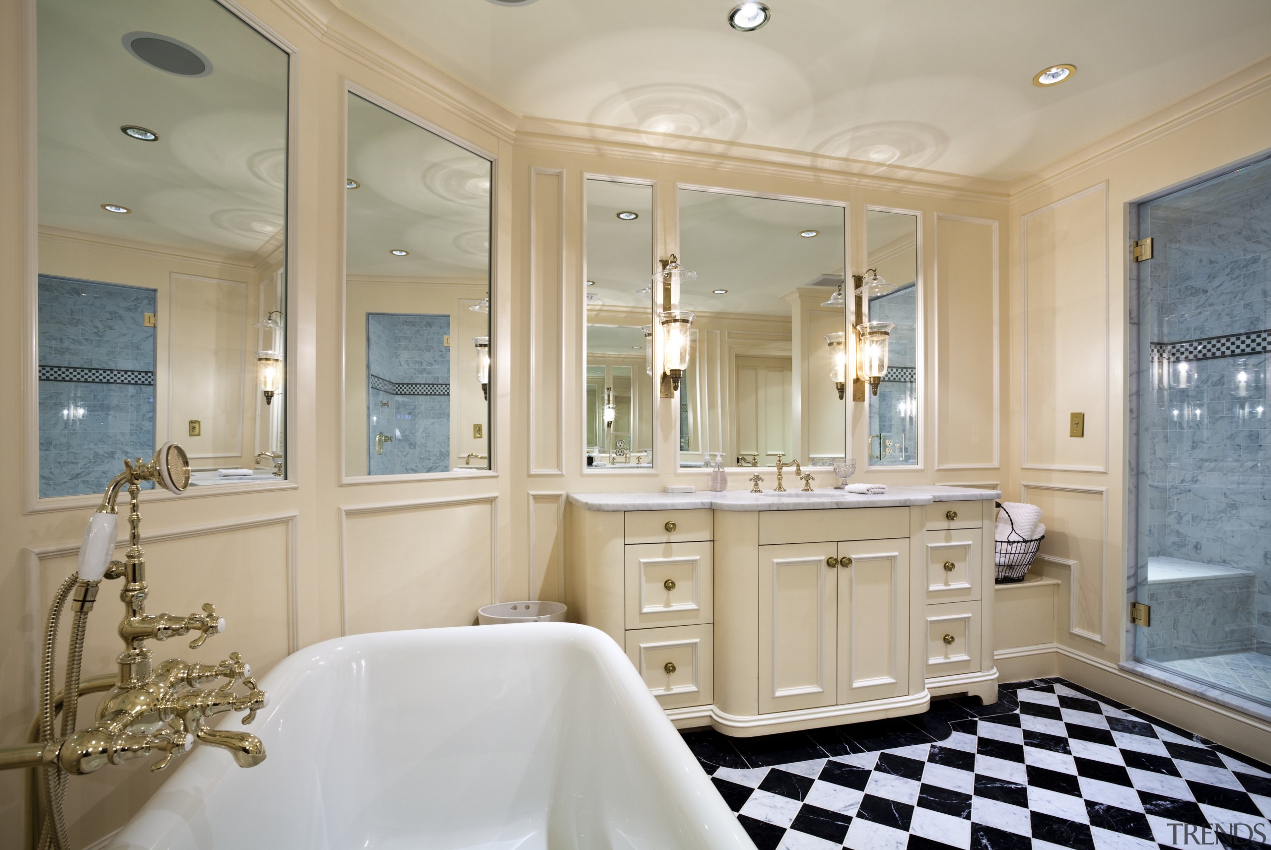 View of bathroom with checkerboard floor, white bathtub bathroom, countertop, estate, home, interior design, real estate, room, window, gray