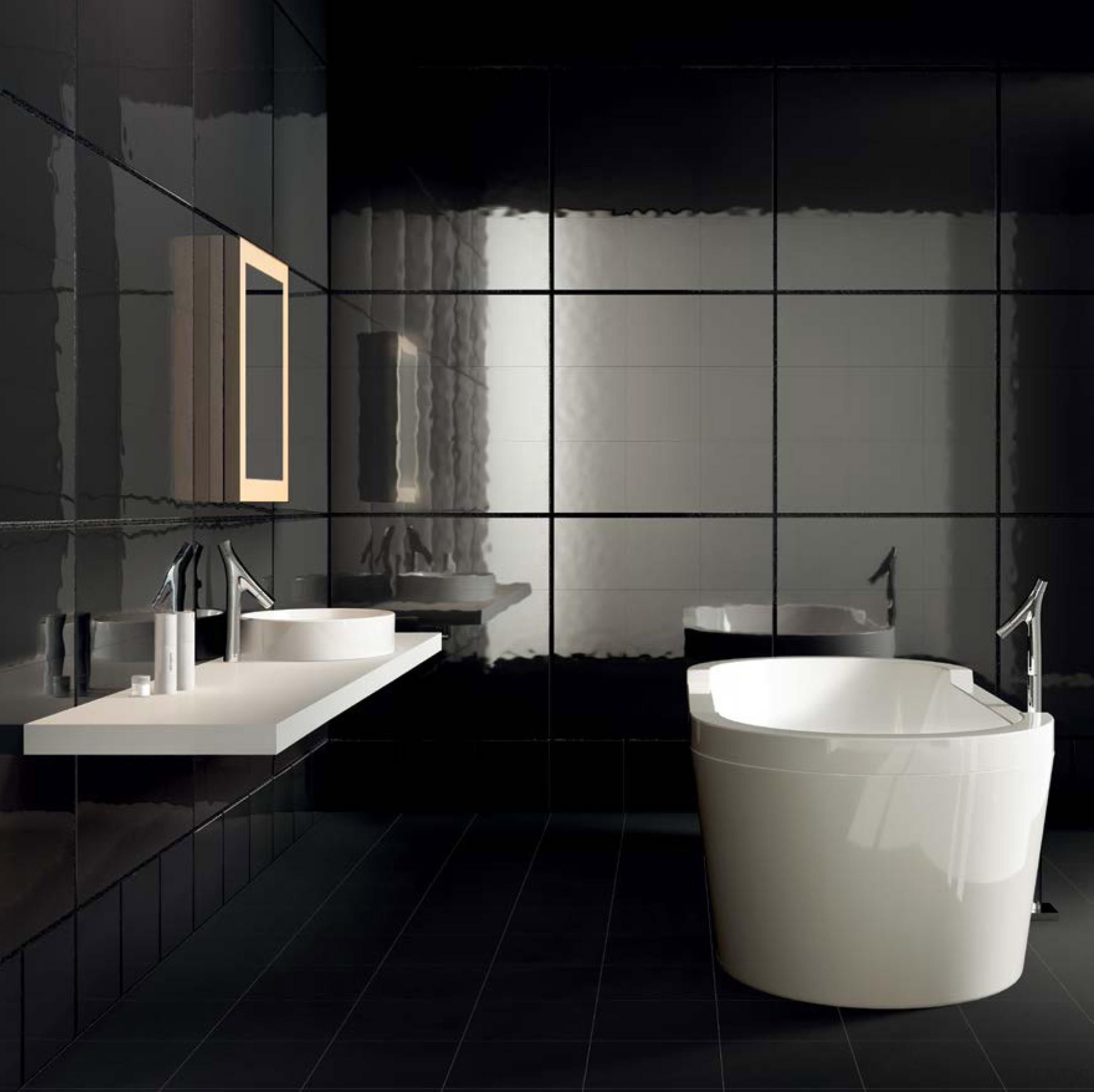 This grooved grid look on the bathroom wall architecture, bathroom, bidet, floor, flooring, interior design, plumbing fixture, product design, room, sink, tap, tile, black