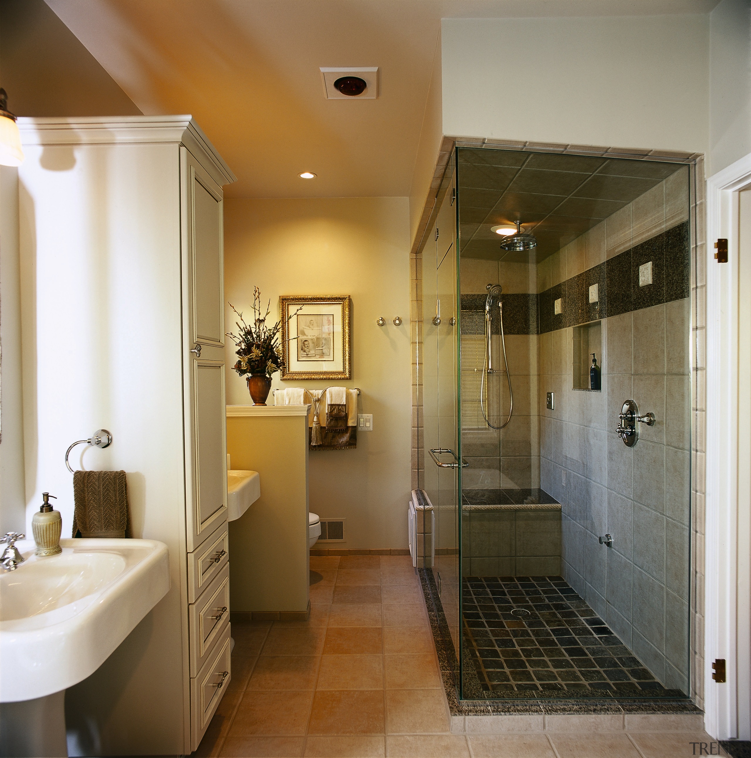 Interior view of the bathroom - Interior view bathroom, cabinetry, ceiling, floor, flooring, home, interior design, real estate, room, brown