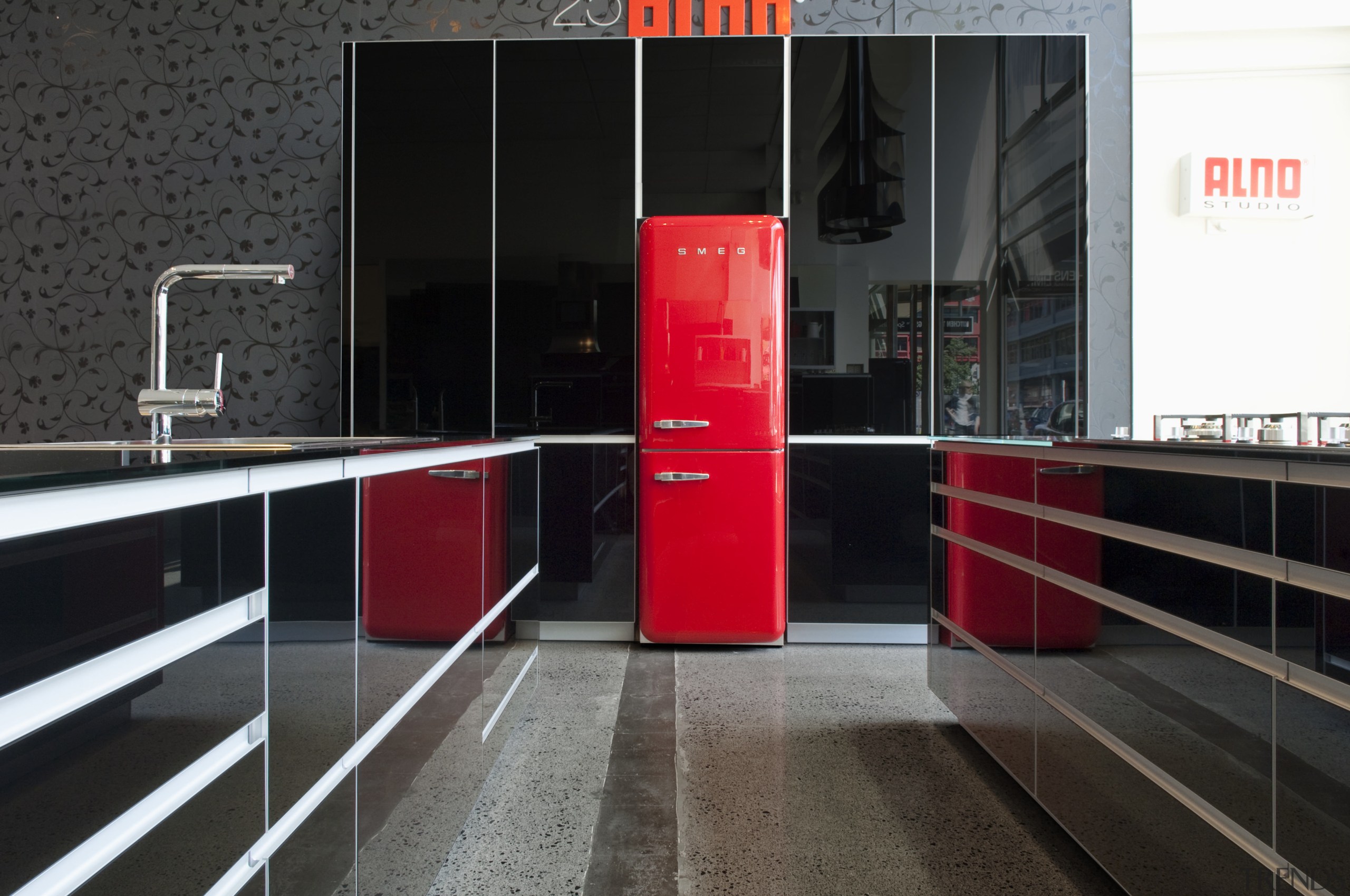 View of kitchen which features a Smeg 50s interior design, product, product design, black