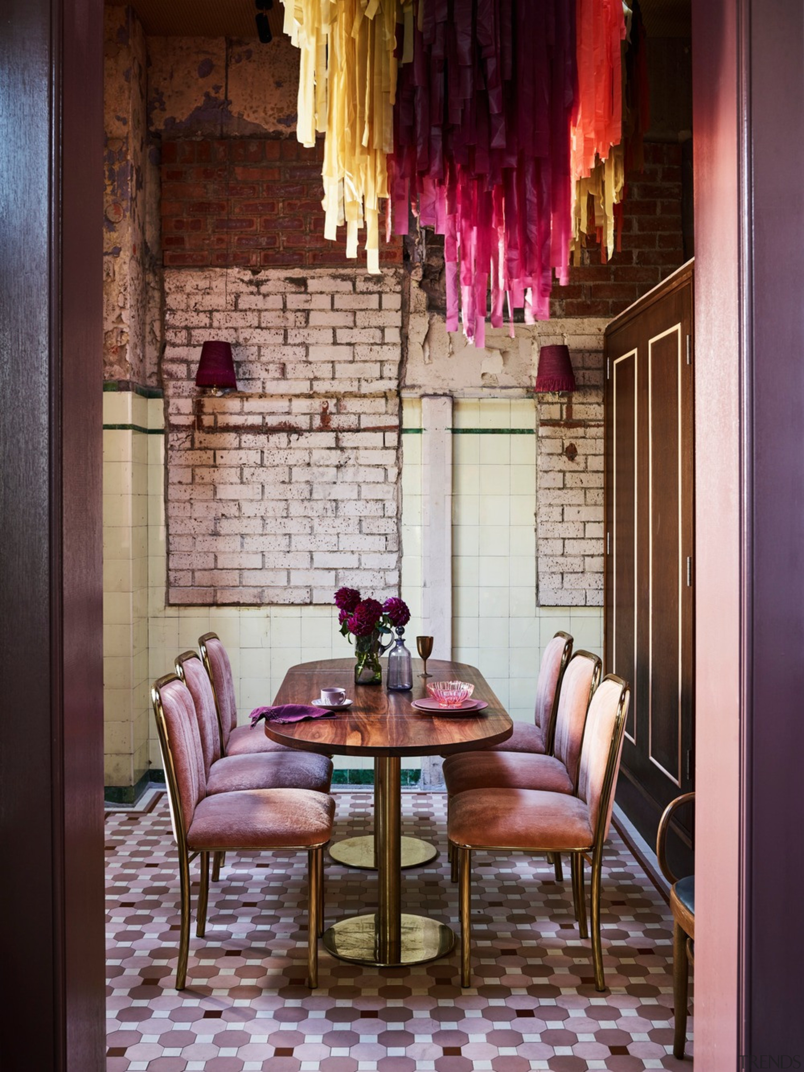 A 10-seat private dining room invites guest into chair, dining room, furniture, home, interior design, living room, room, table, wall, window, red