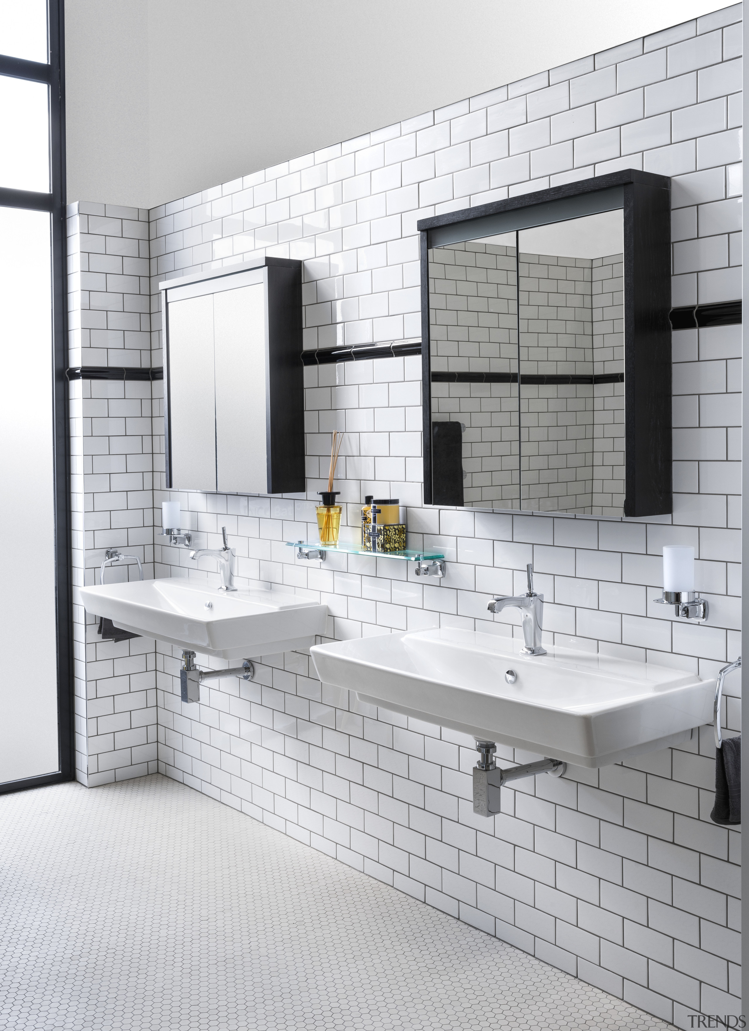 This white bathroom with wall of subway tiles floor, flooring, interior design, product design, tile, white