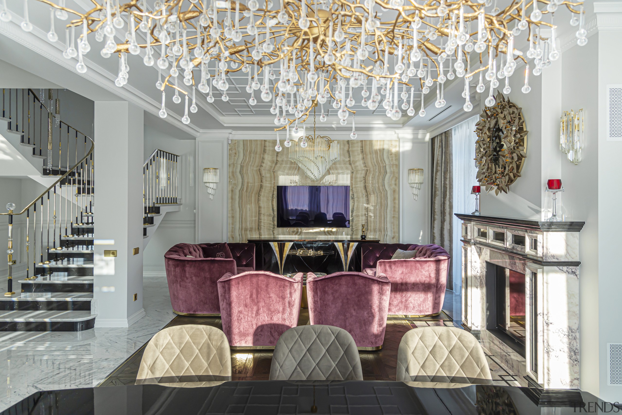 The use of exquisite chandeliers is prominent in 