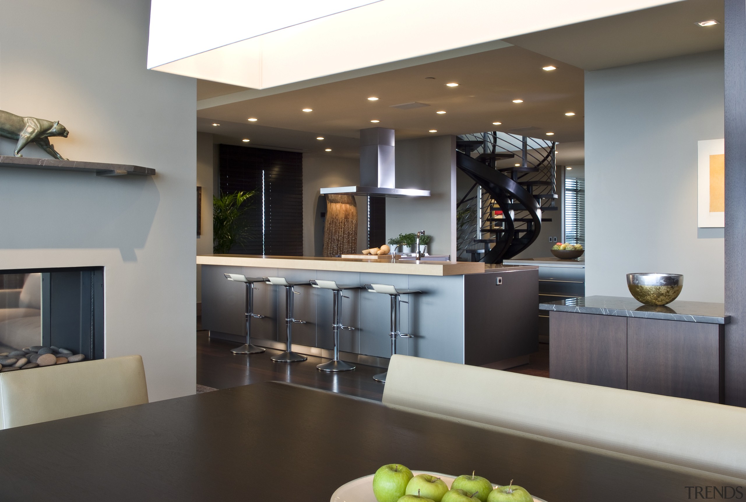 View of contemporary condominium kitchen which features aluminium countertop, interior design, kitchen, gray, black