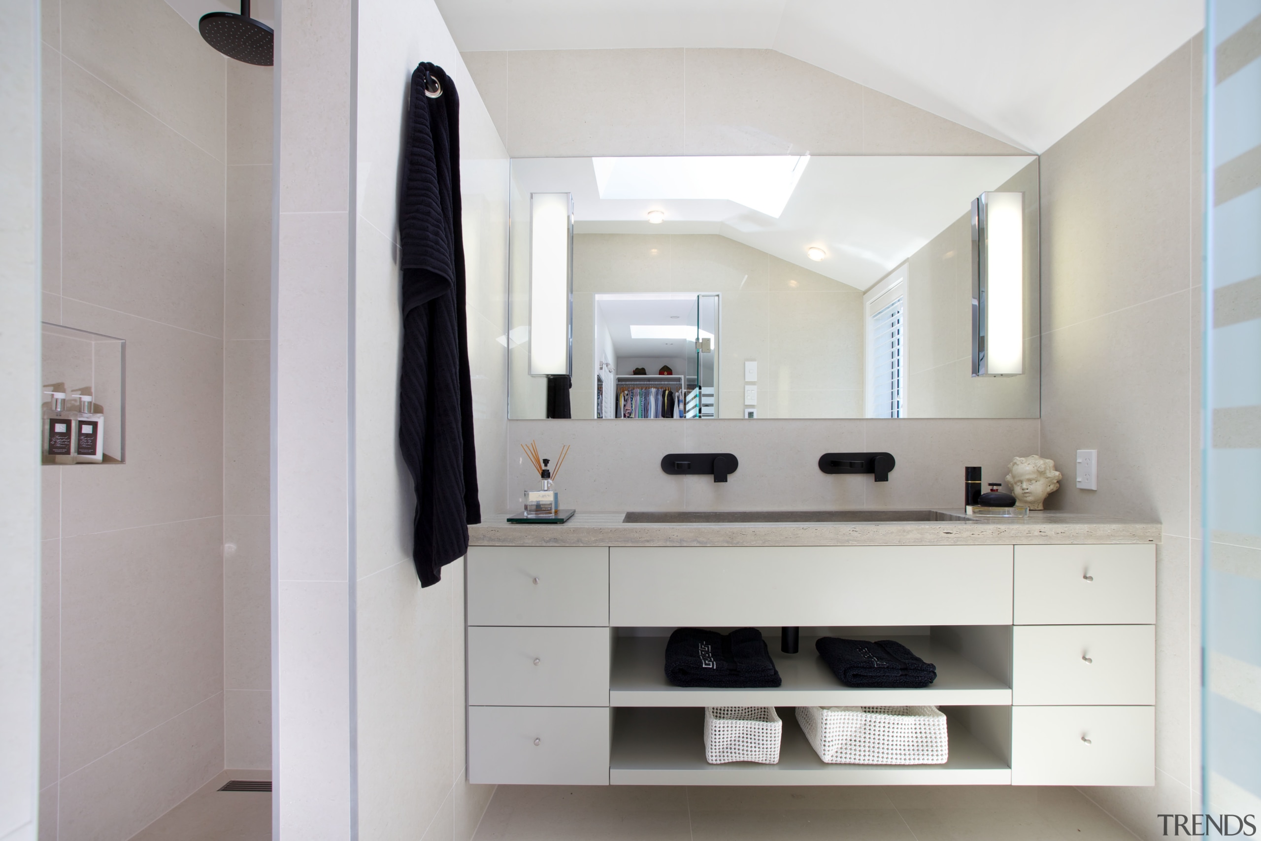 The Ocean Blue Travertine vanity countertop and inset furniture, home, interior design, room, gray, white