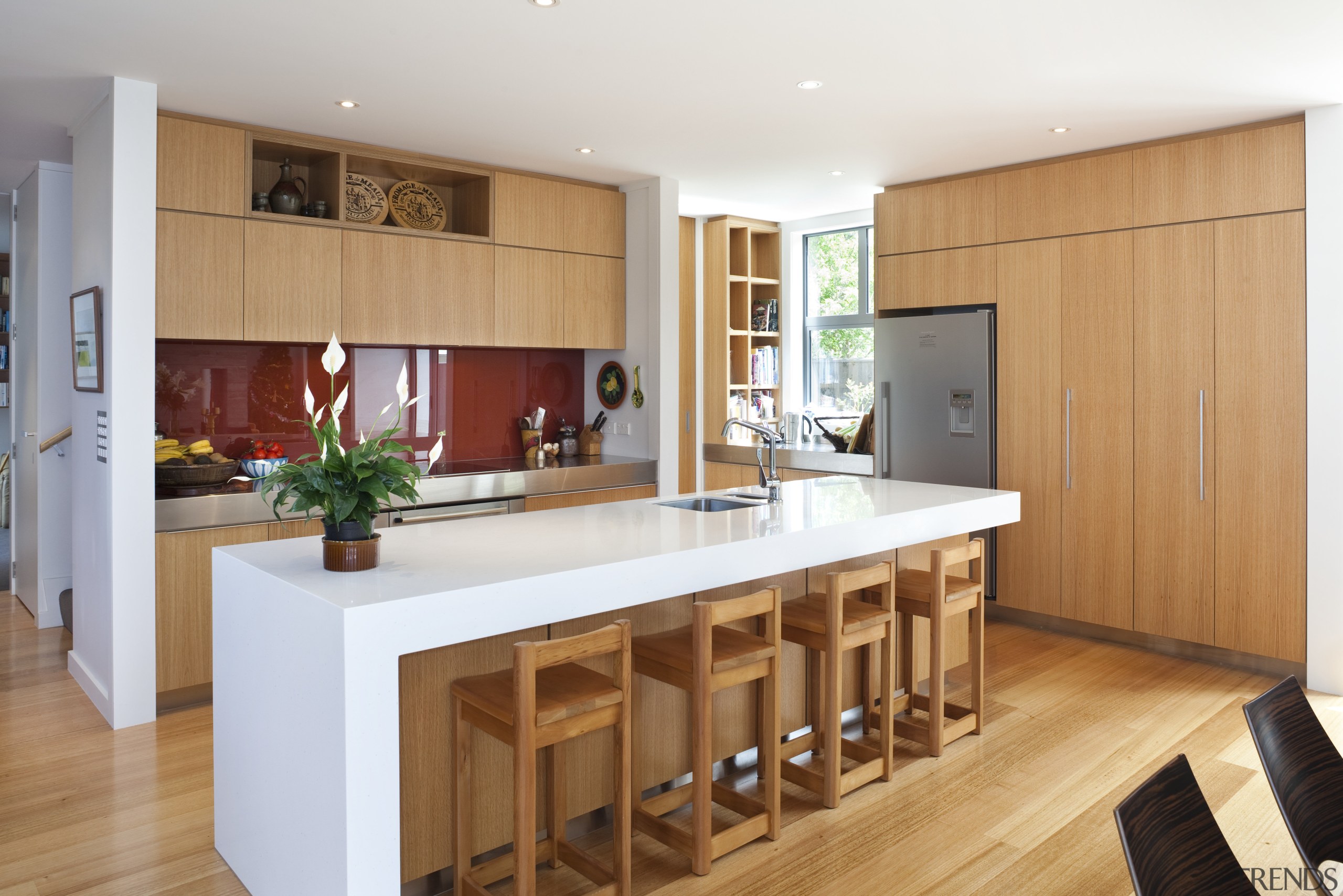 View of kitchen with wooden flooring, white benchtop cabinetry, countertop, cuisine classique, floor, hardwood, interior design, kitchen, real estate, room, wood flooring, orange, white