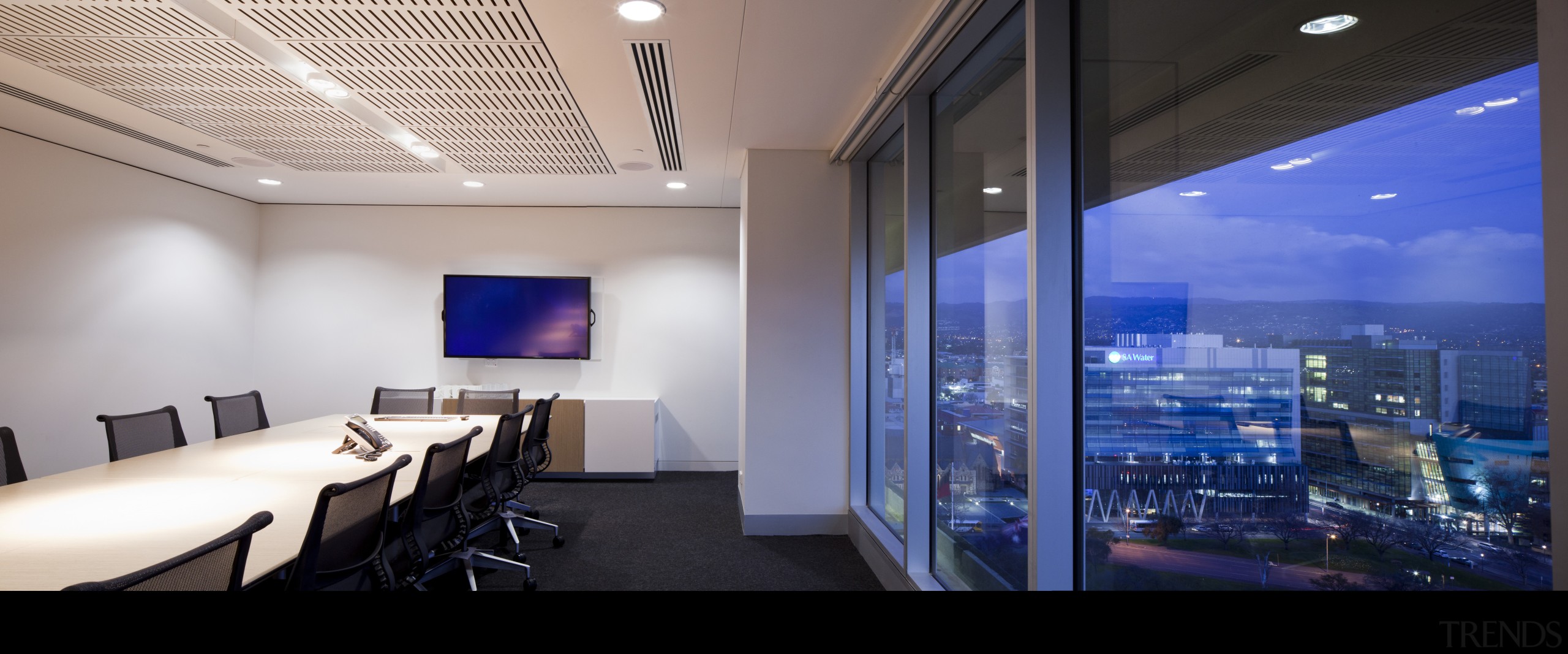 View of a conference room with  floor ceiling, interior design, lighting, office, real estate, gray, blue