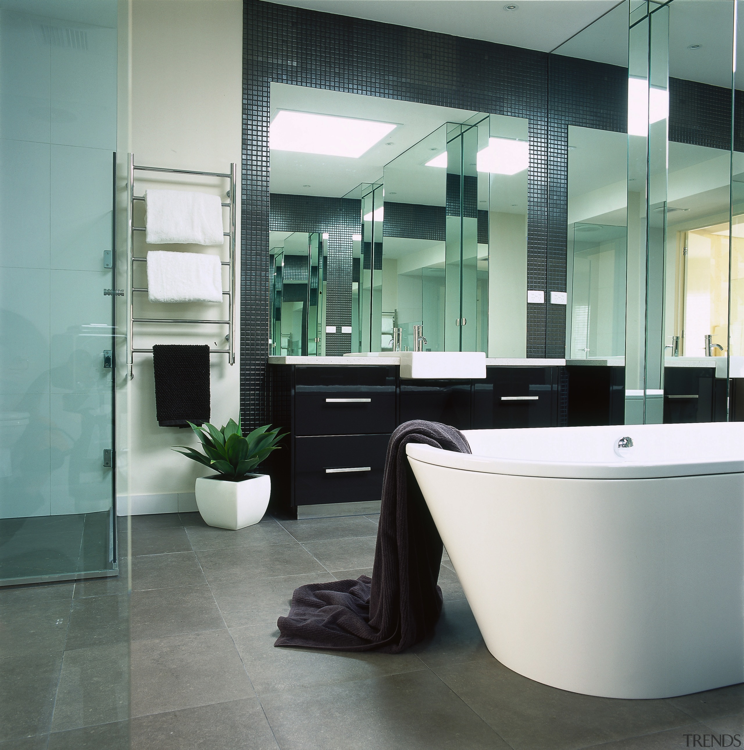 Interior view of the bathroom - Interior view bathroom, floor, flooring, glass, interior design, plumbing fixture, product design, tile, gray