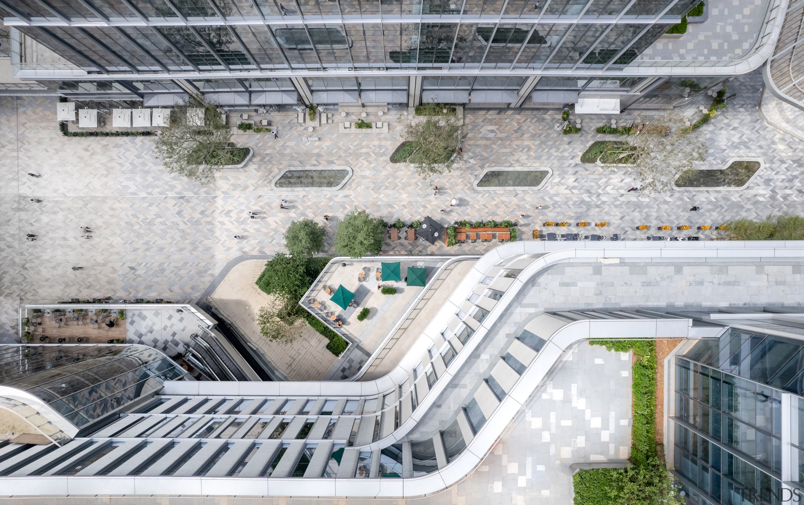 Drone's eye view of the retail/dining street. 