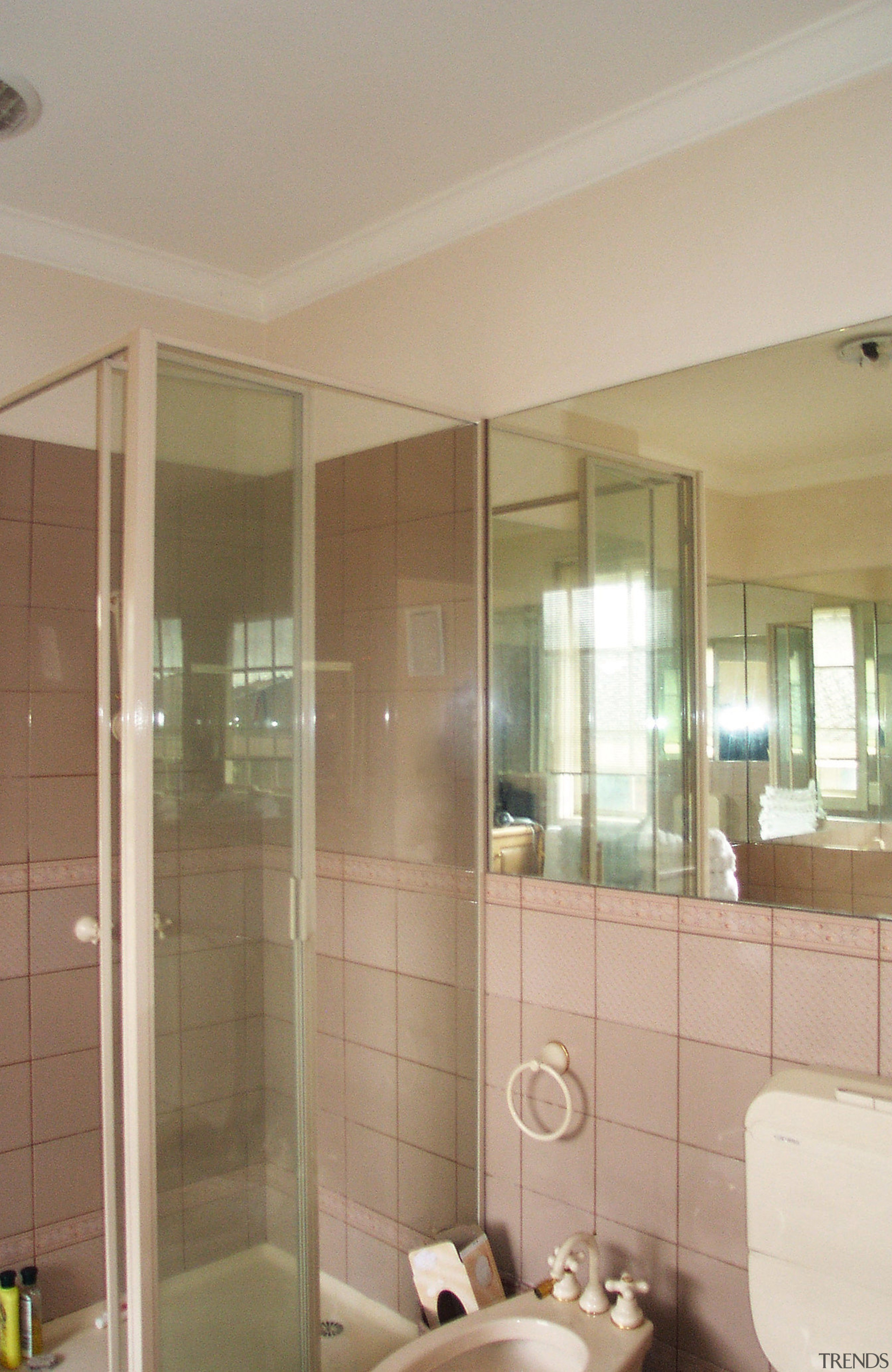 The existing shower stall wasremoved and replaced with bathroom, ceiling, curtain, door, glass, home, interior design, property, real estate, room, wall, window, window covering, window treatment, gray, brown