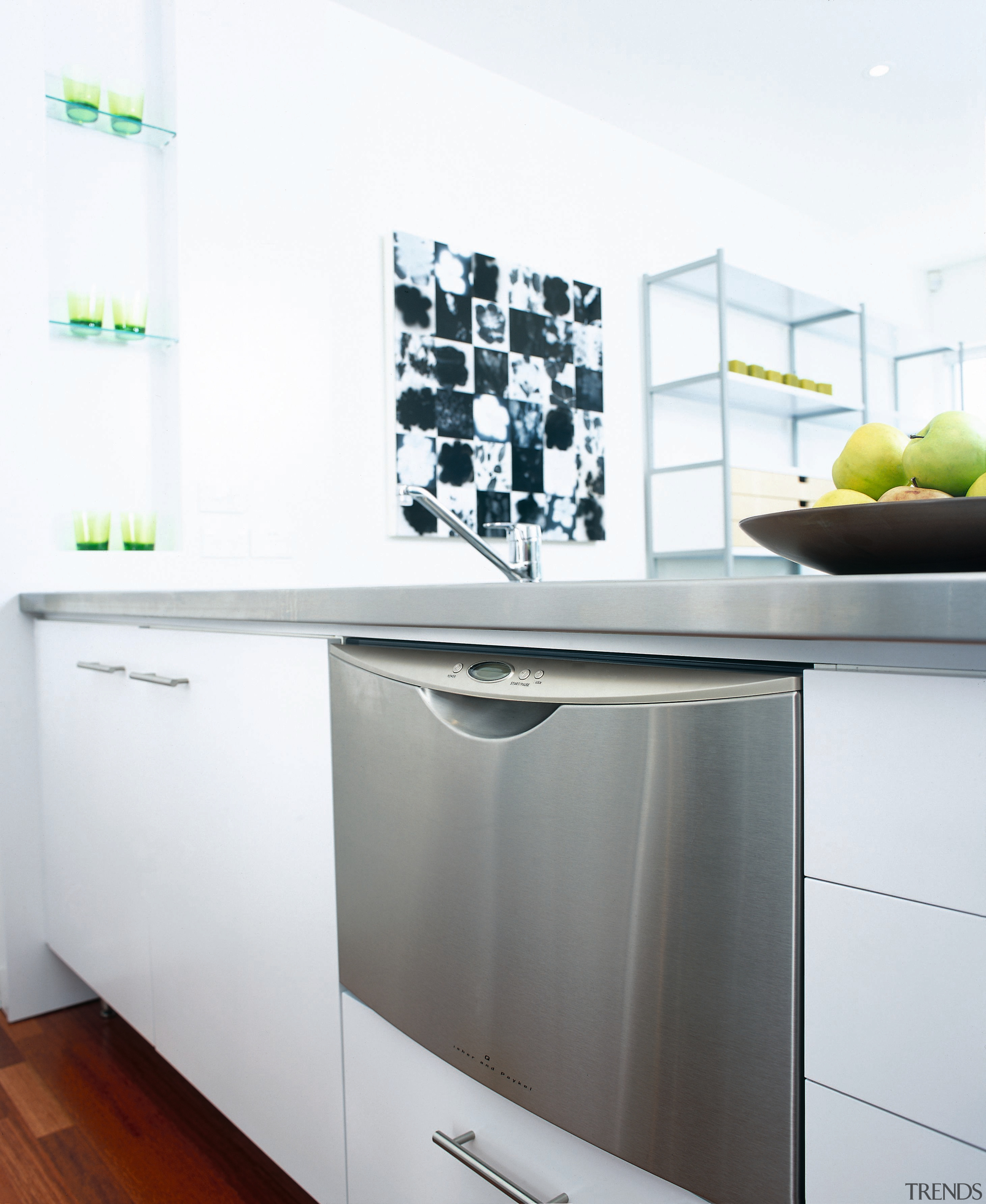 Stainless steel finish dishwasher set into white cabinetry. home appliance, interior design, kitchen, kitchen appliance, major appliance, product, product design, refrigerator, white