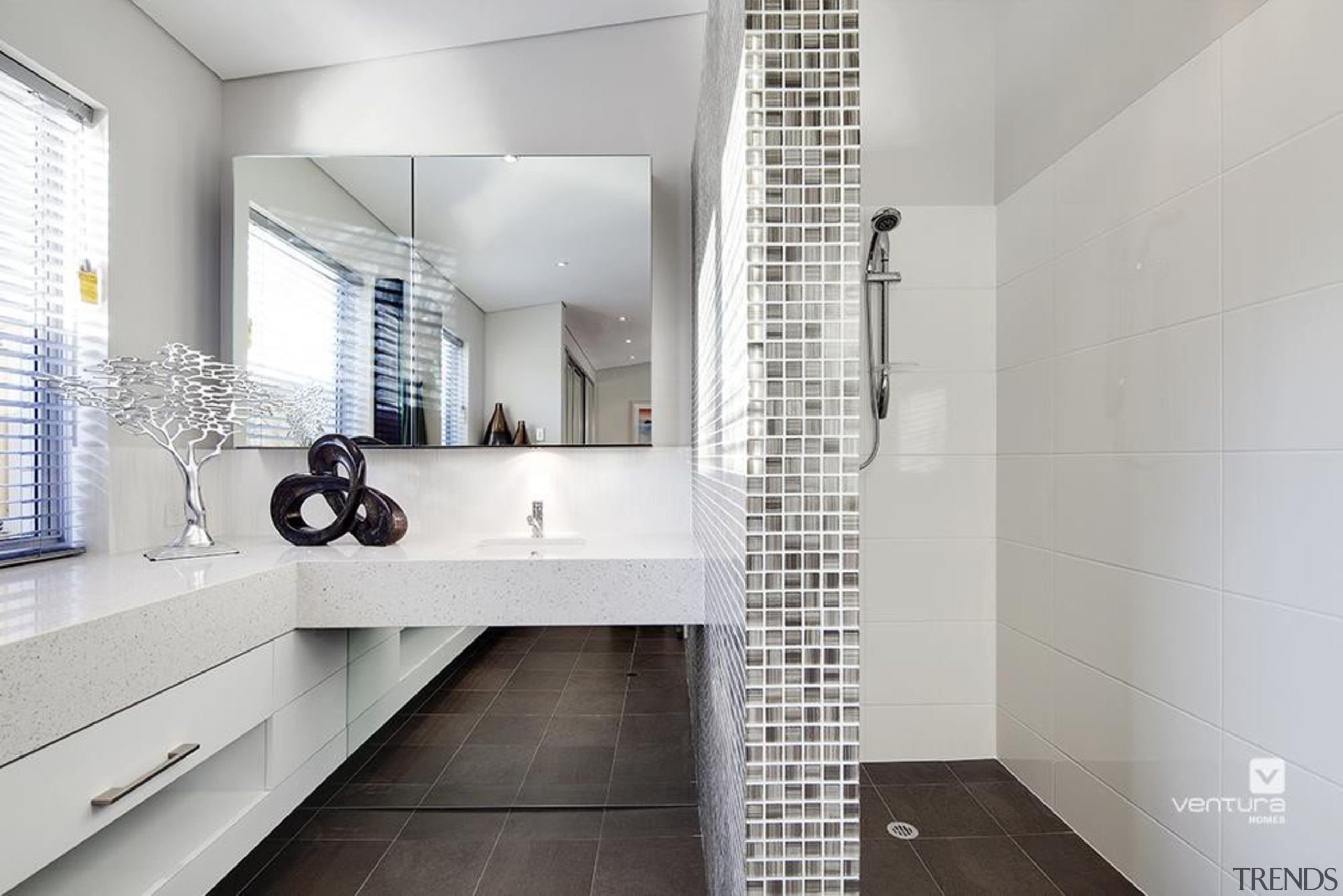 Ensuite design. - The Haven Display Home - architecture, bathroom, floor, flooring, interior design, property, room, tile, gray