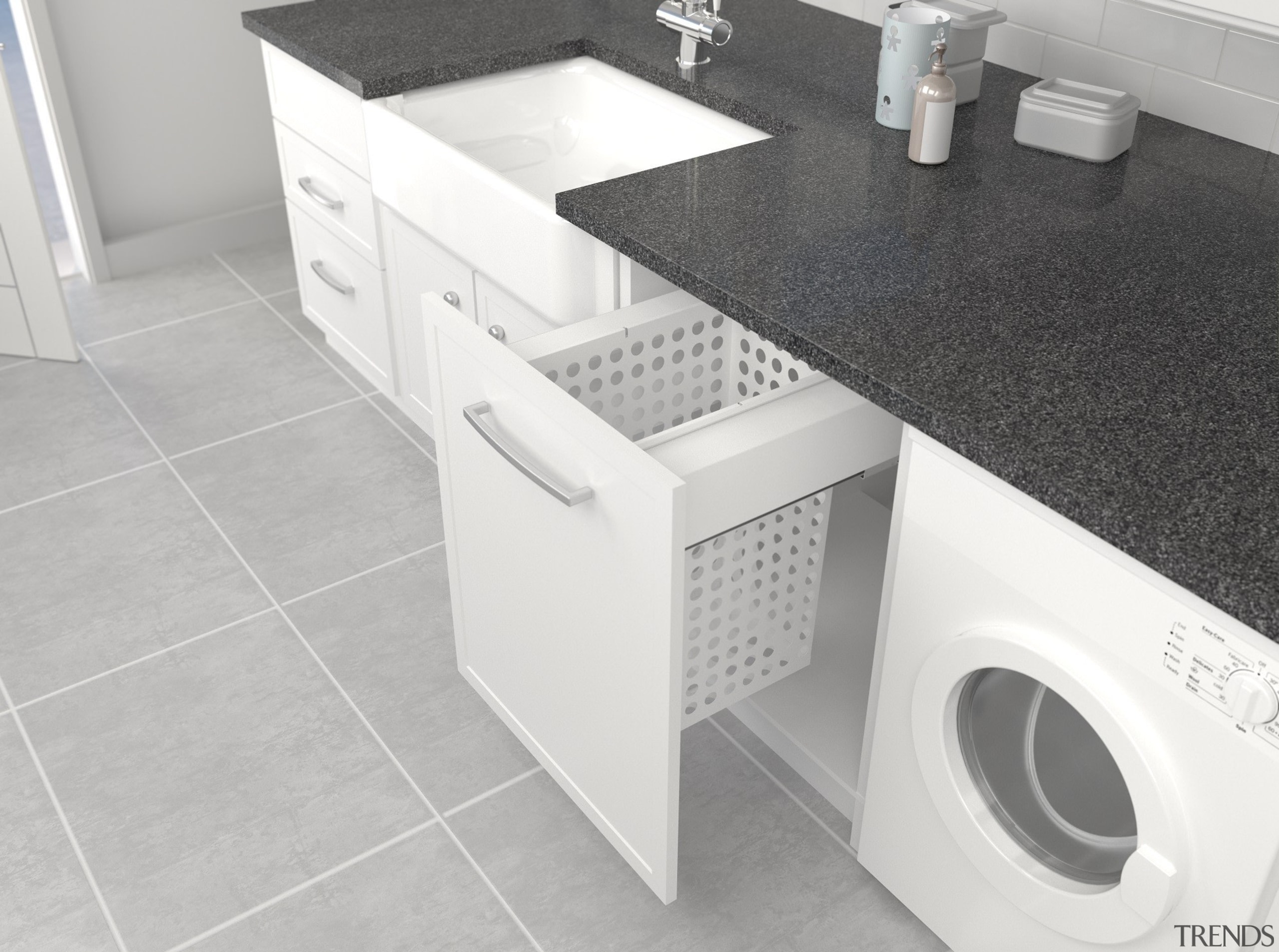 Simplex Plus pullout laundry basket options are available clothes dryer, countertop, floor, furniture, laundry, laundry room, major appliance, plumbing fixture, product, product design, sink, tile, washing machine, white