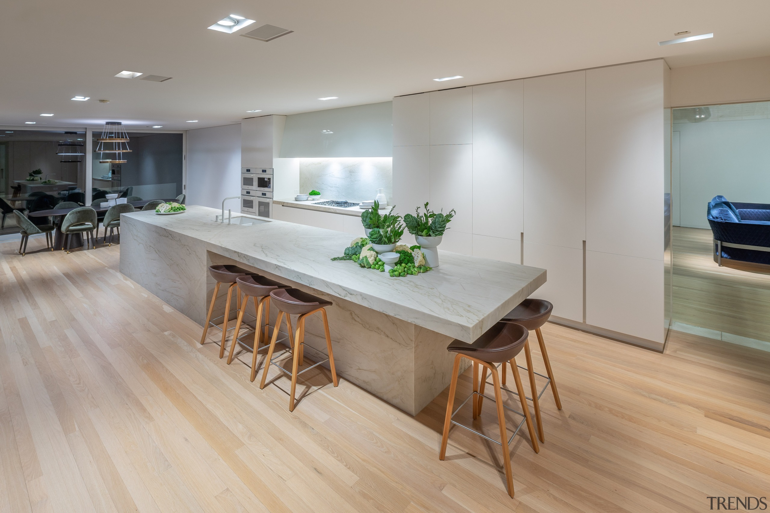 Wood-look floors ground the clean-lined workspace. 