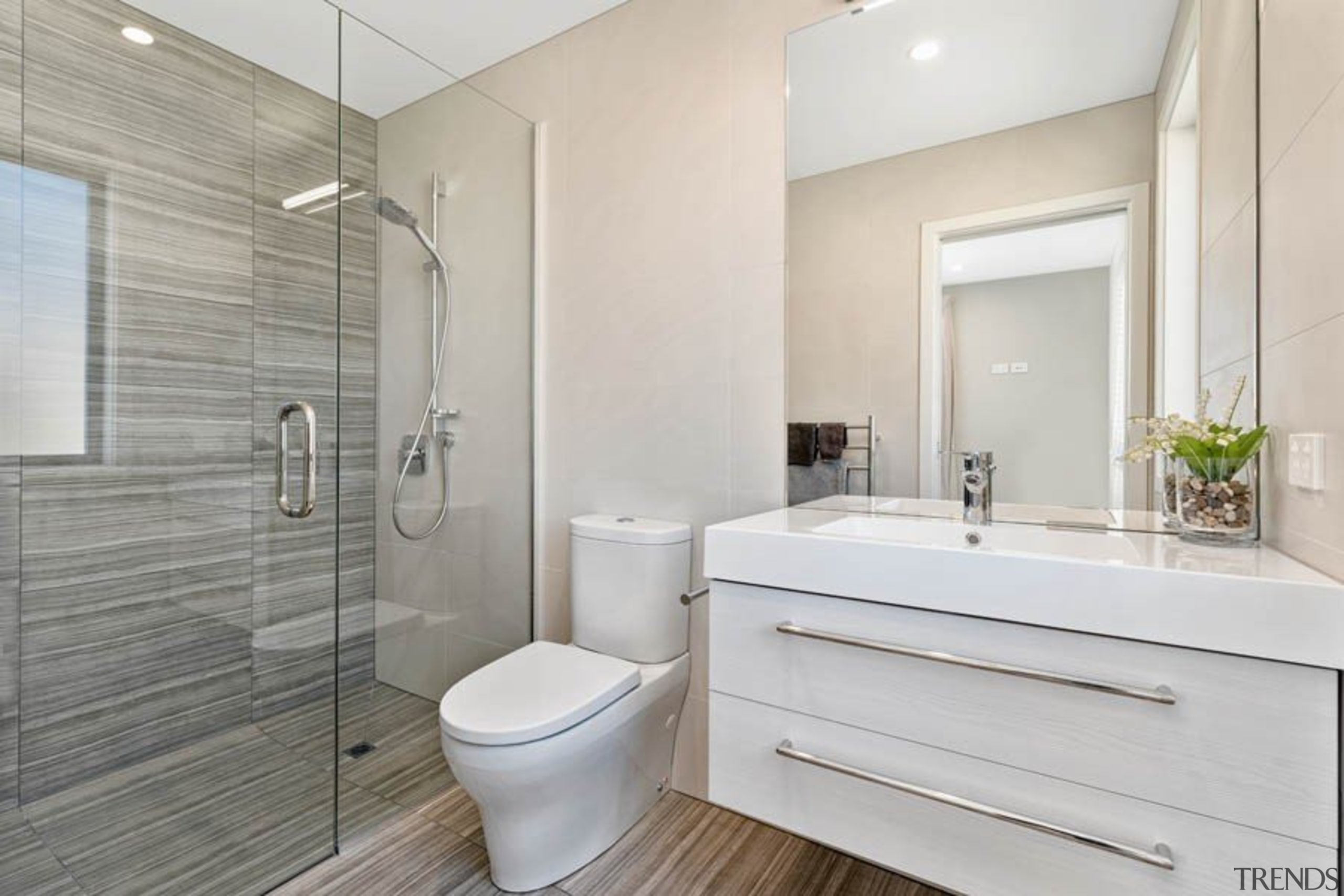 Tiled shower with frameless glass, vanity from Raymor, bathroom, floor, home, interior design, product design, property, real estate, room, gray