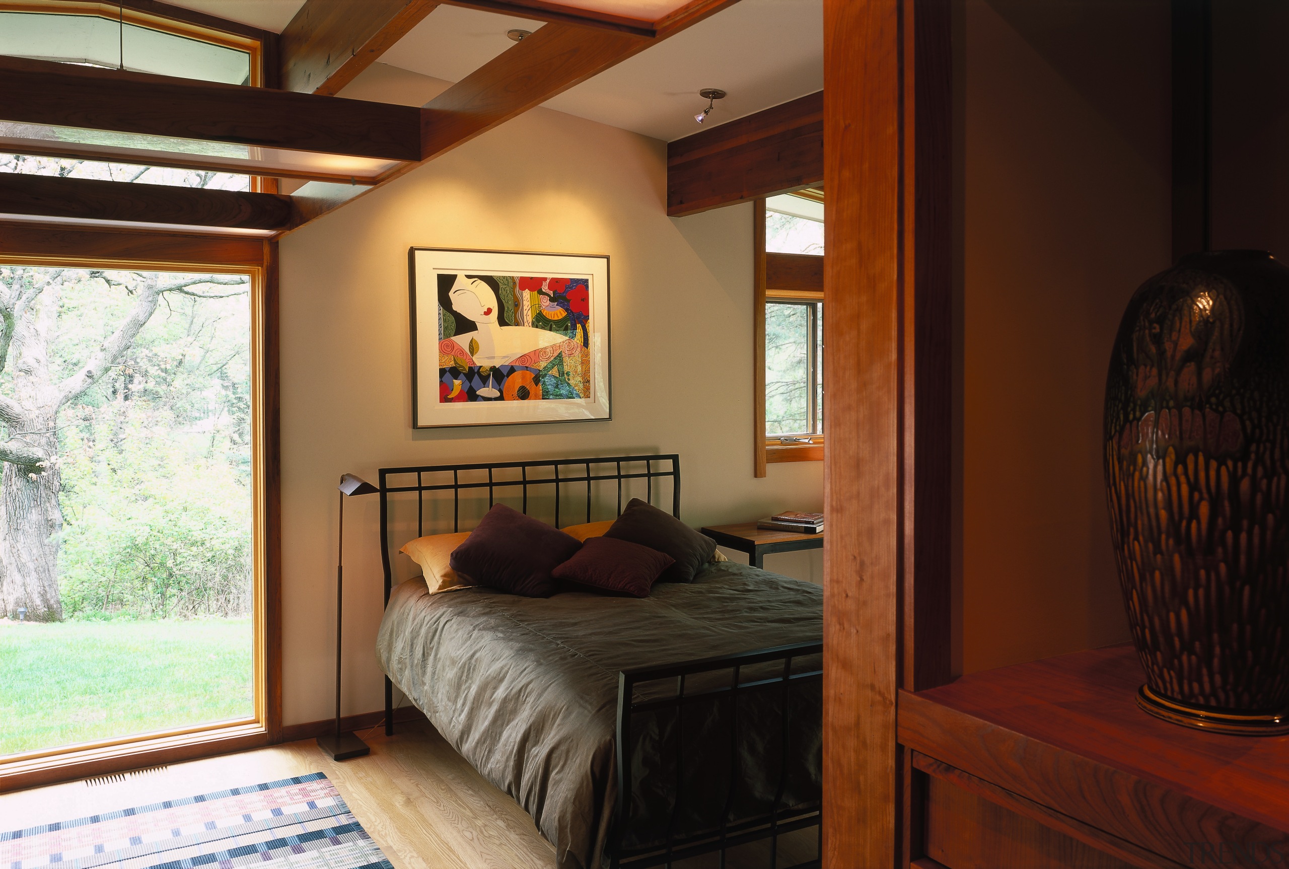 A view of a bedroom, wooden flooring, spotlights, bedroom, ceiling, furniture, home, house, interior design, real estate, room, window, black, brown