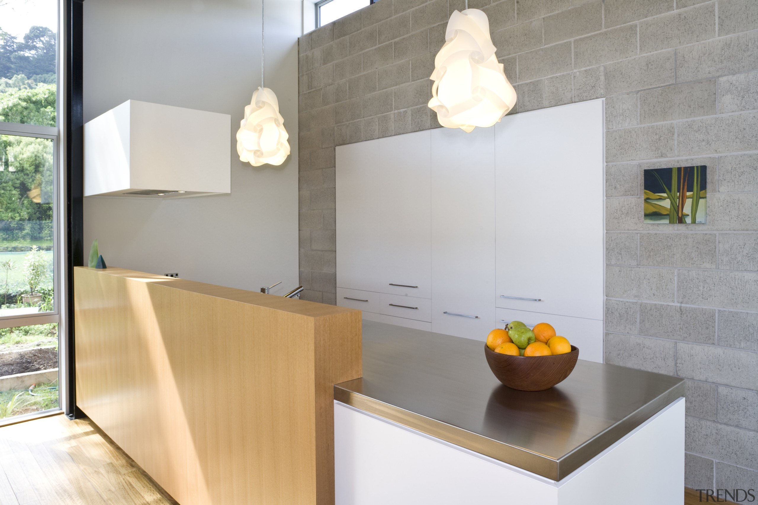 View of a kitchen which features a hood architecture, interior design, product design, white, gray